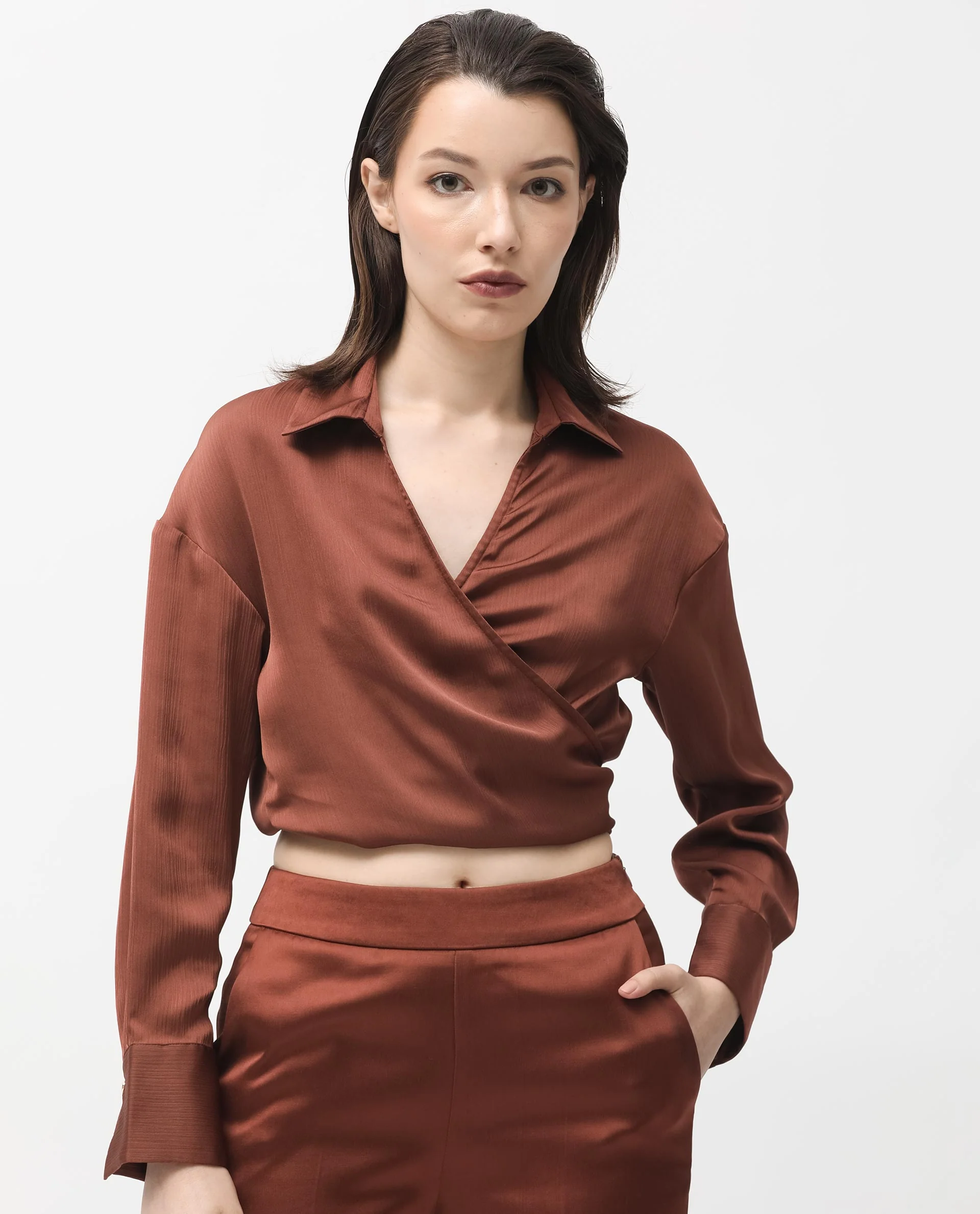 Rareism Women's Andreala Dark Brown Polyester Johnny Collar Plain Regular Fit Top - Image 2