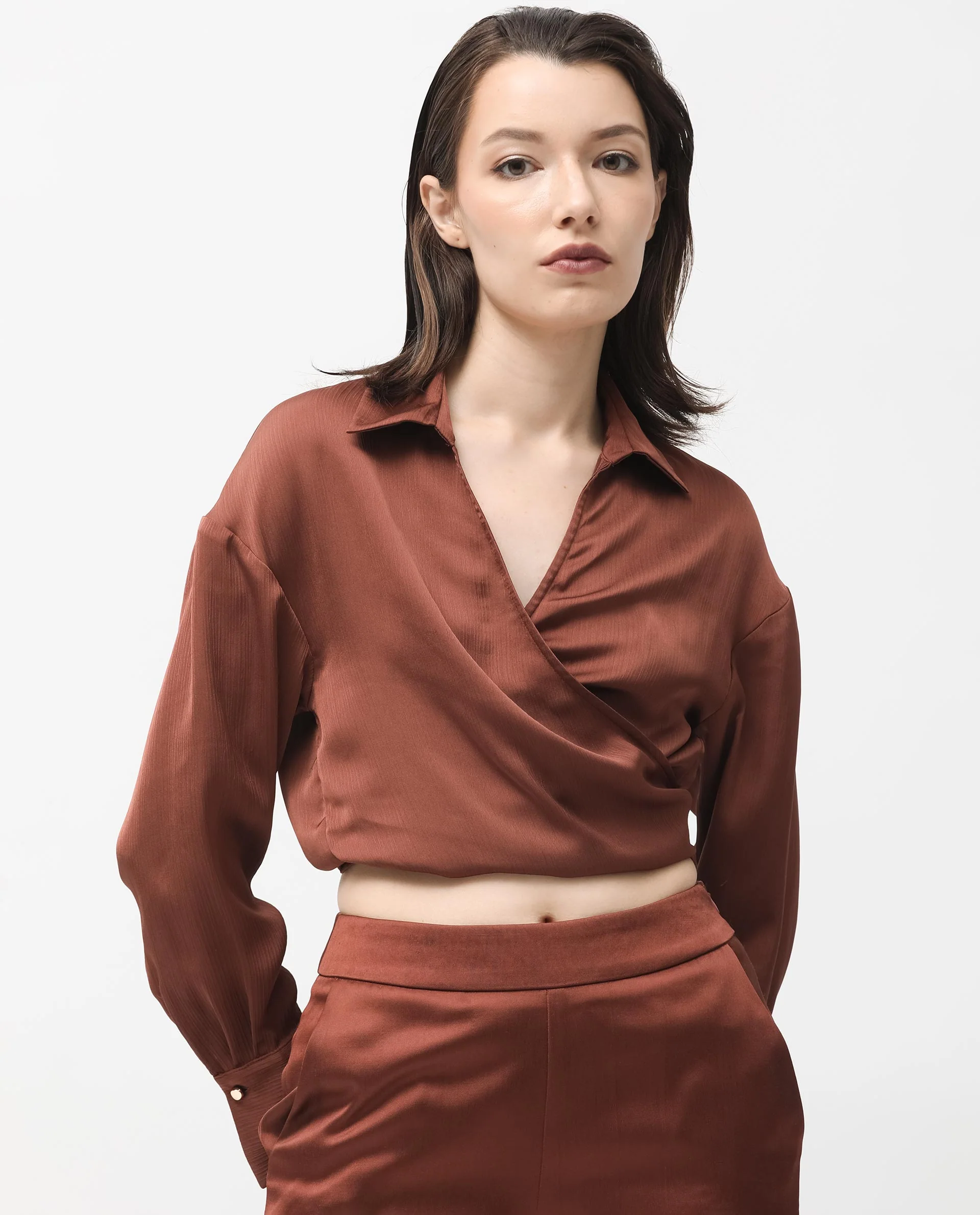 Rareism Women's Andreala Dark Brown Polyester Johnny Collar Plain Regular Fit Top - Image 3