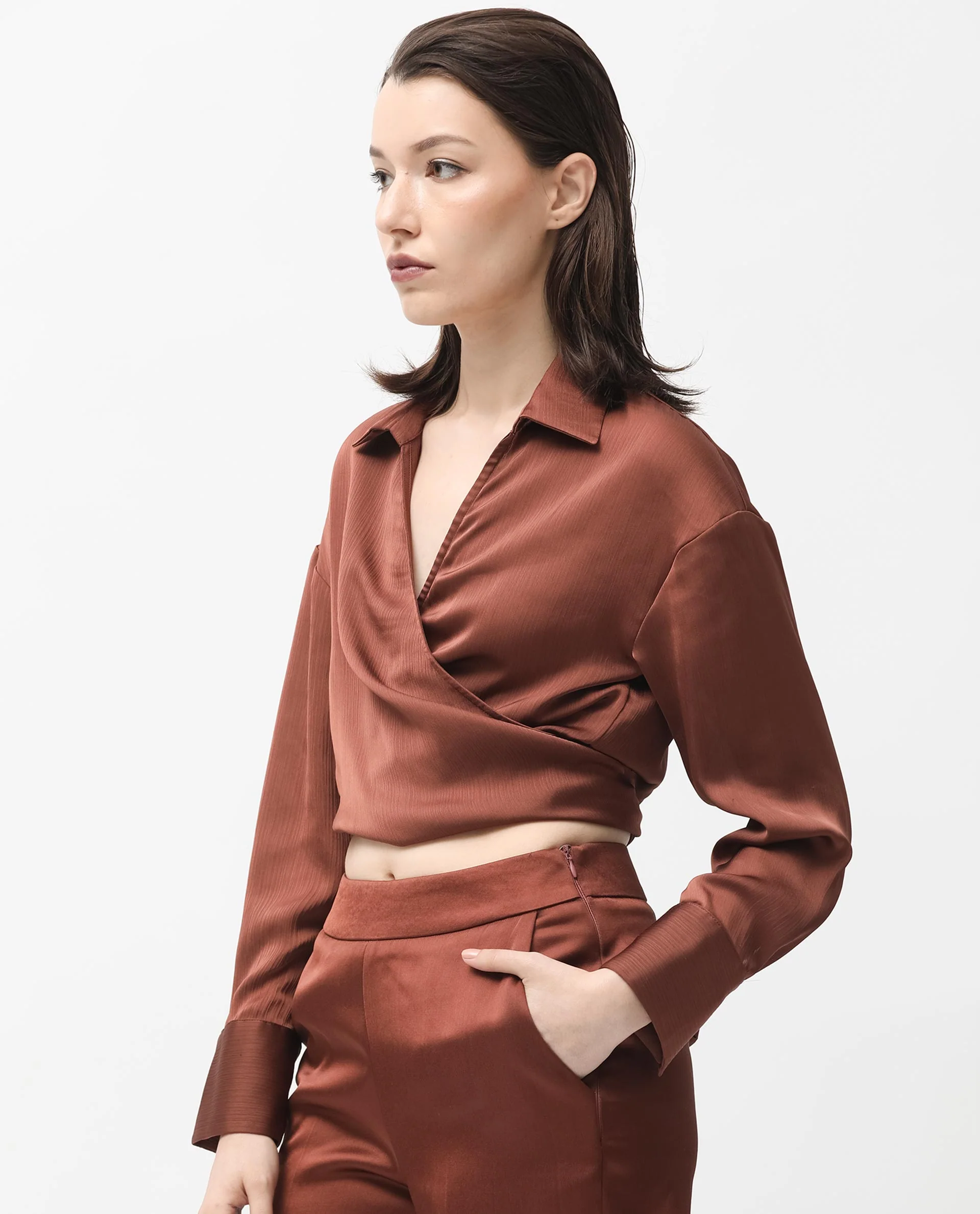 Rareism Women's Andreala Dark Brown Polyester Johnny Collar Plain Regular Fit Top - Image 4