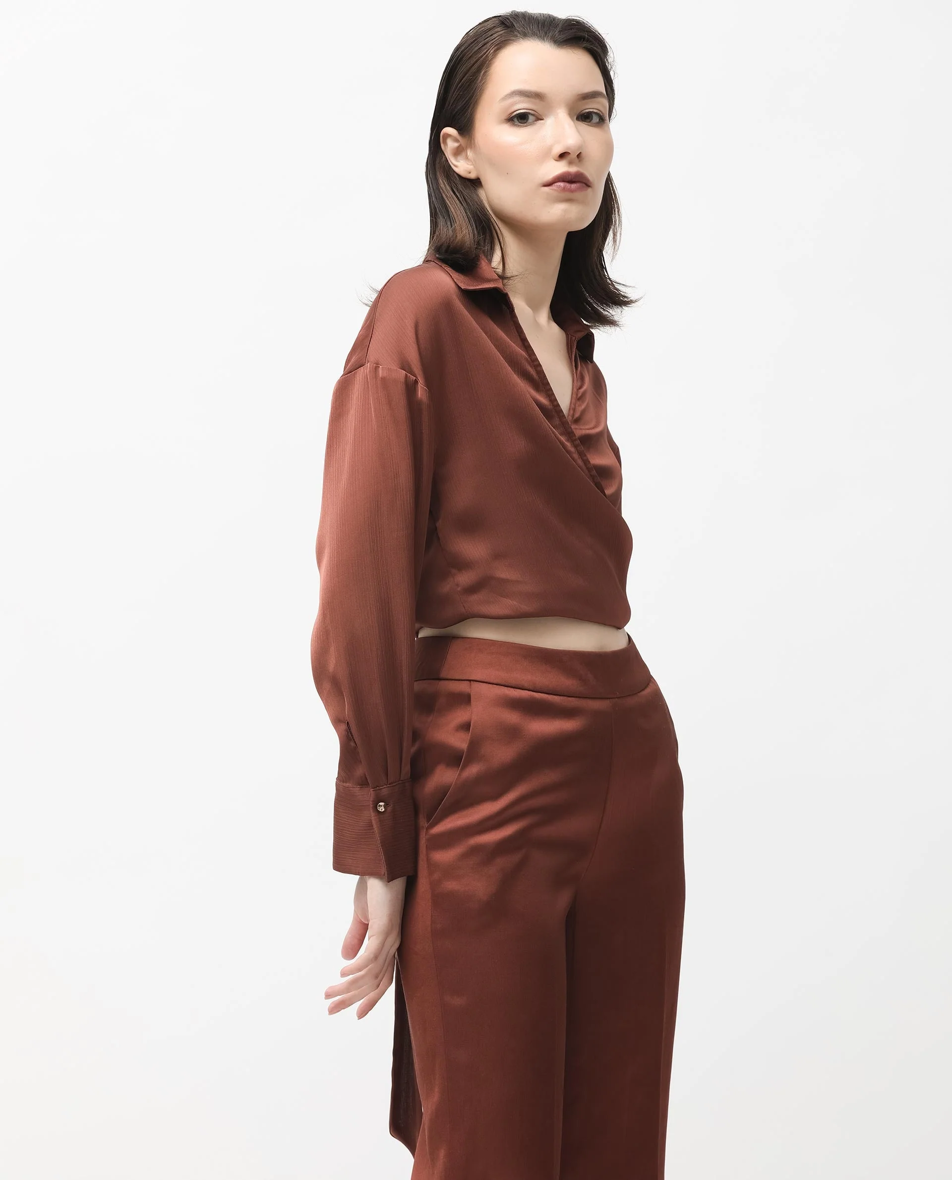Rareism Women's Andreala Dark Brown Polyester Johnny Collar Plain Regular Fit Top - Image 5