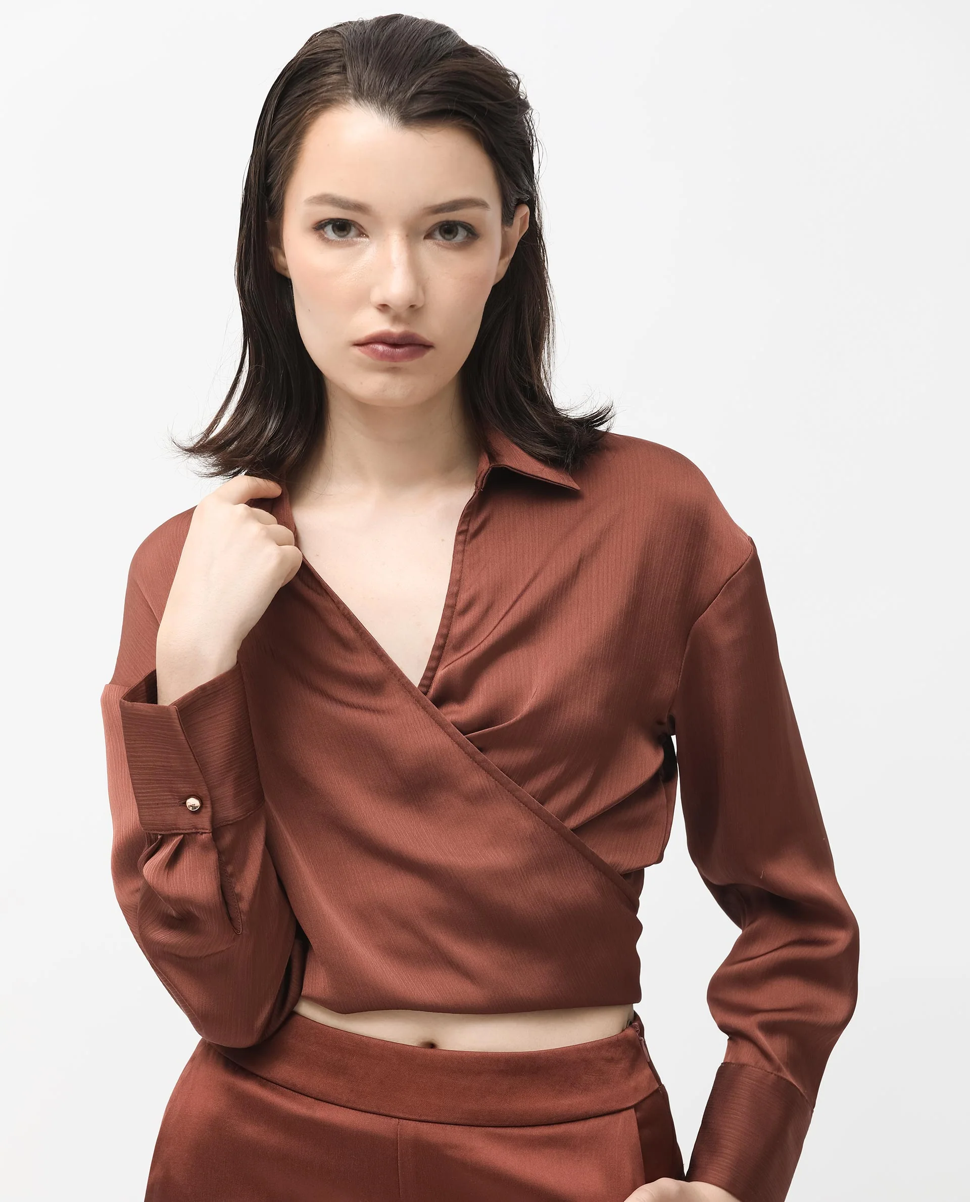 Rareism Women's Andreala Dark Brown Polyester Johnny Collar Plain Regular Fit Top - Image 7