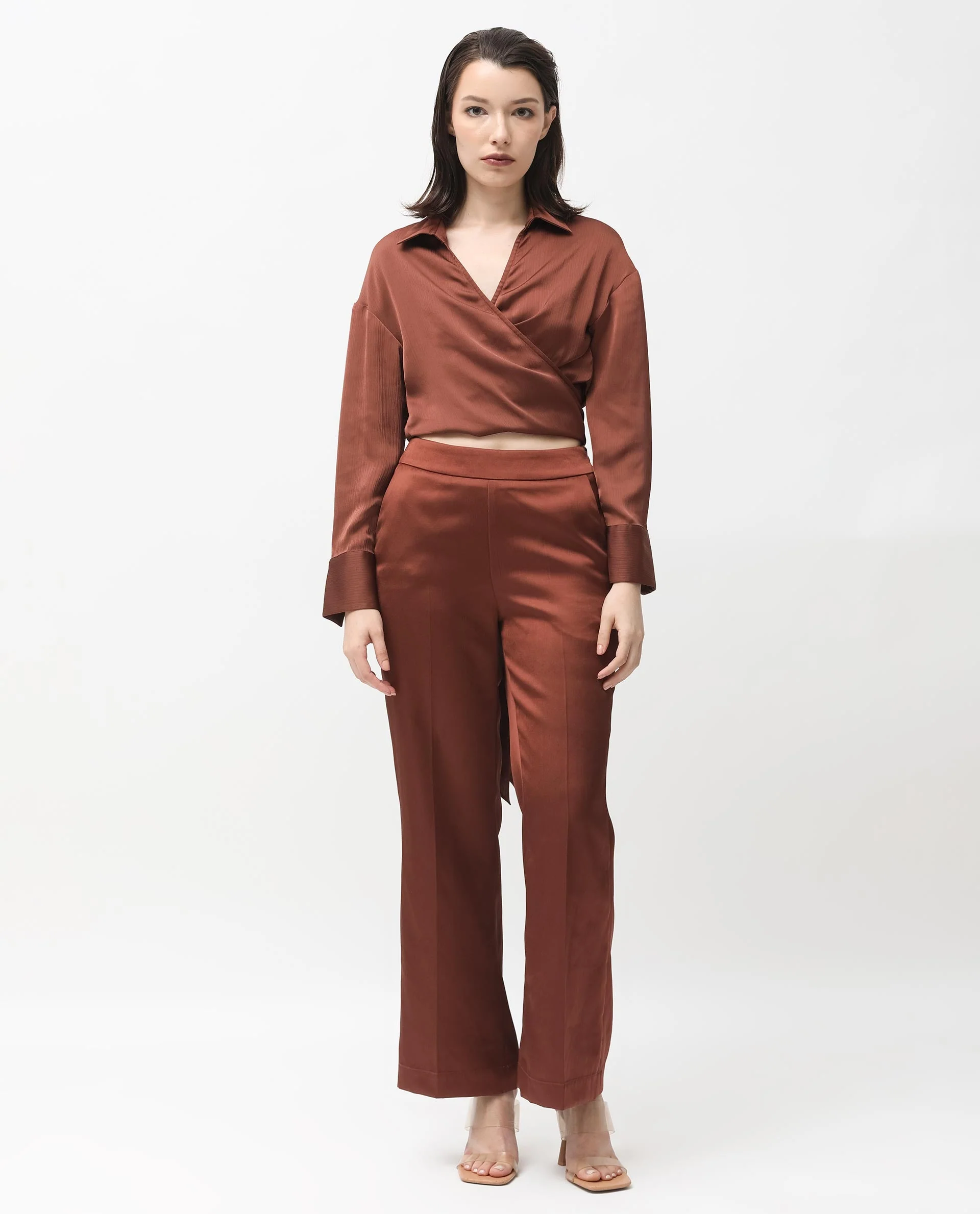 Rareism Women's Andreala Dark Brown Polyester Johnny Collar Plain Regular Fit Top - Image 8