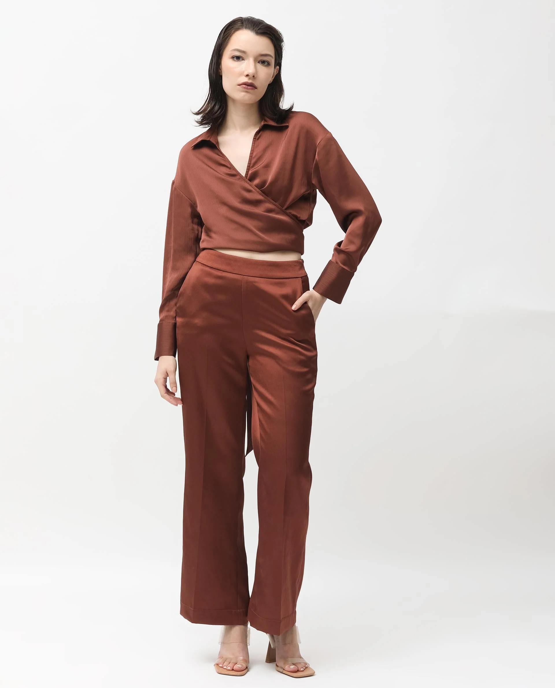 Rareism Women's Andreala Dark Brown Polyester Johnny Collar Plain Regular Fit Top - Image 9