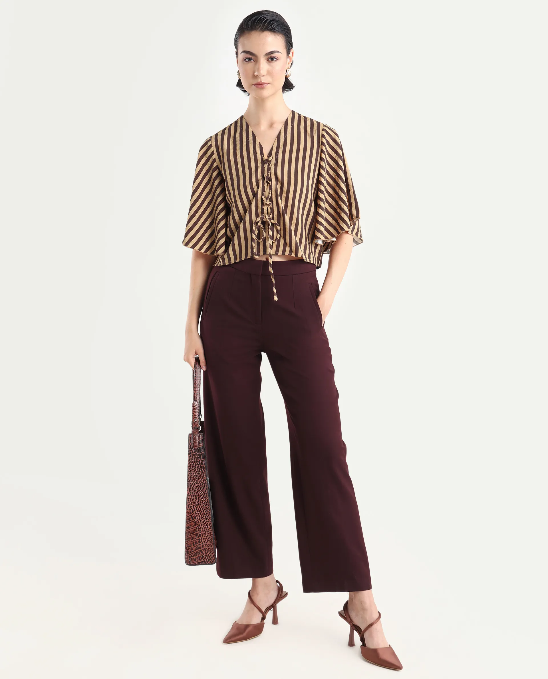 Rareism Women's Andria Brown Nylon Blend V-Neck Striped Bell Sleeve Crop Regular Fit Top - Image 2