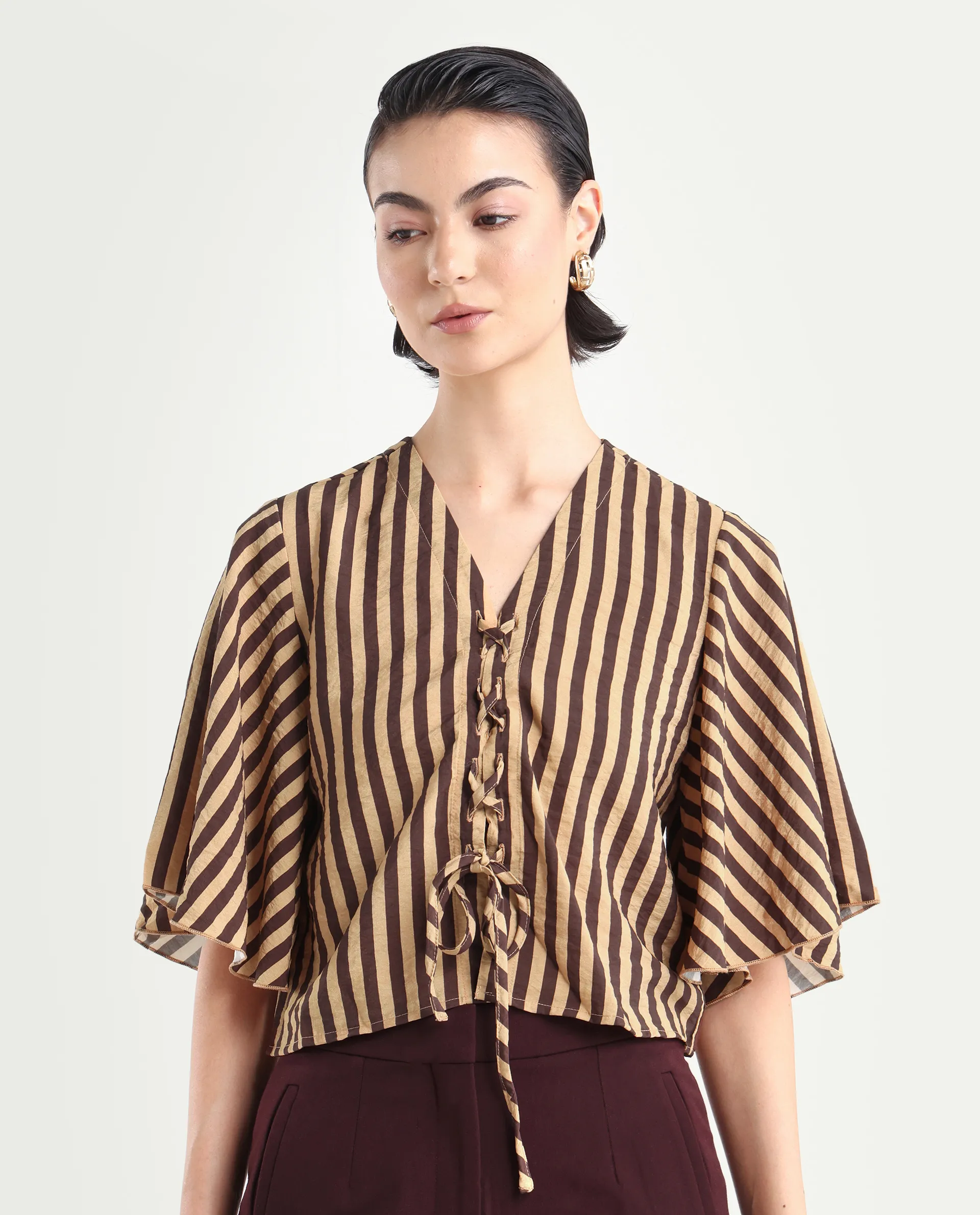 Rareism Women's Andria Brown Nylon Blend V-Neck Striped Bell Sleeve Crop Regular Fit Top - Image 3