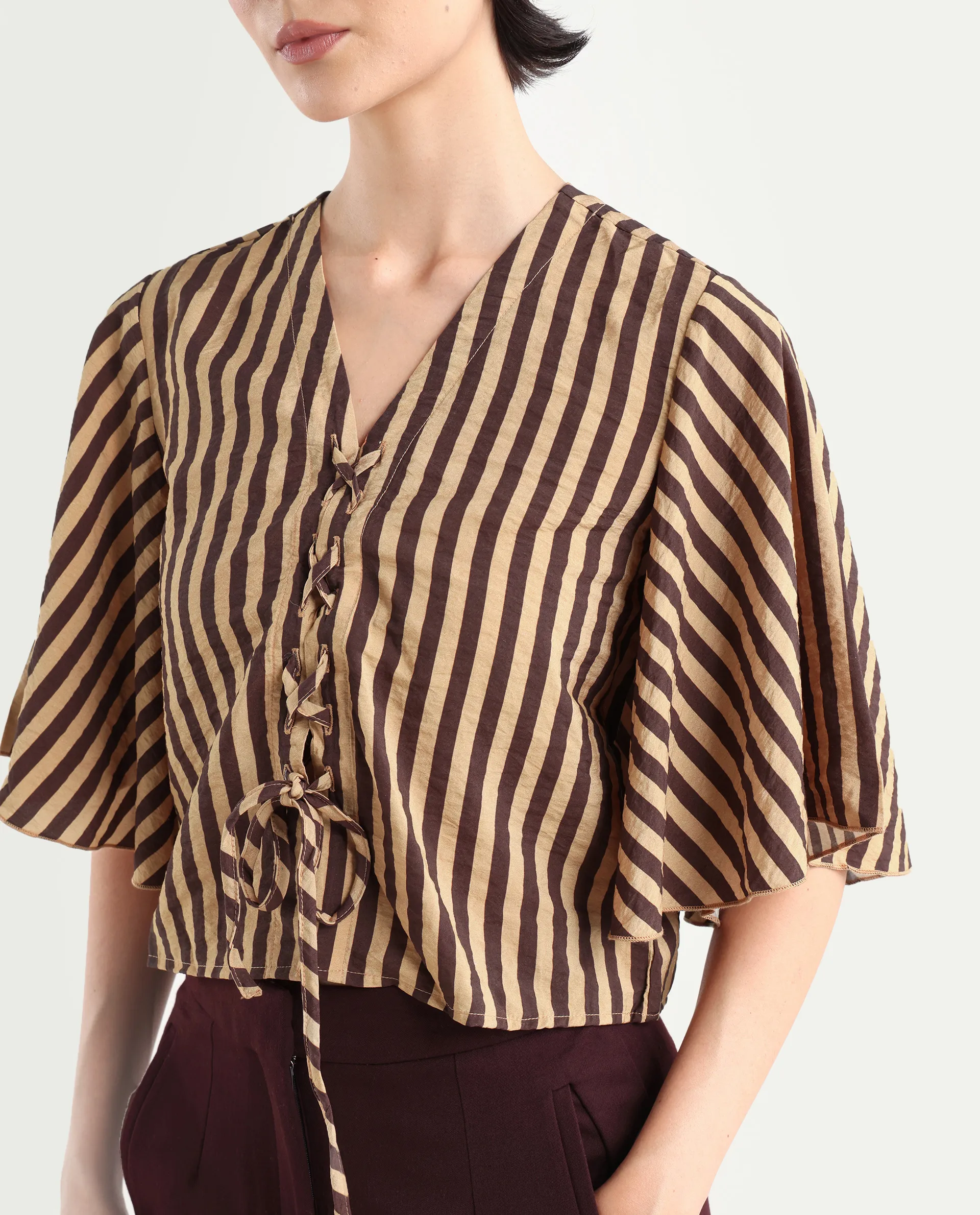 Rareism Women's Andria Brown Nylon Blend V-Neck Striped Bell Sleeve Crop Regular Fit Top - Image 4