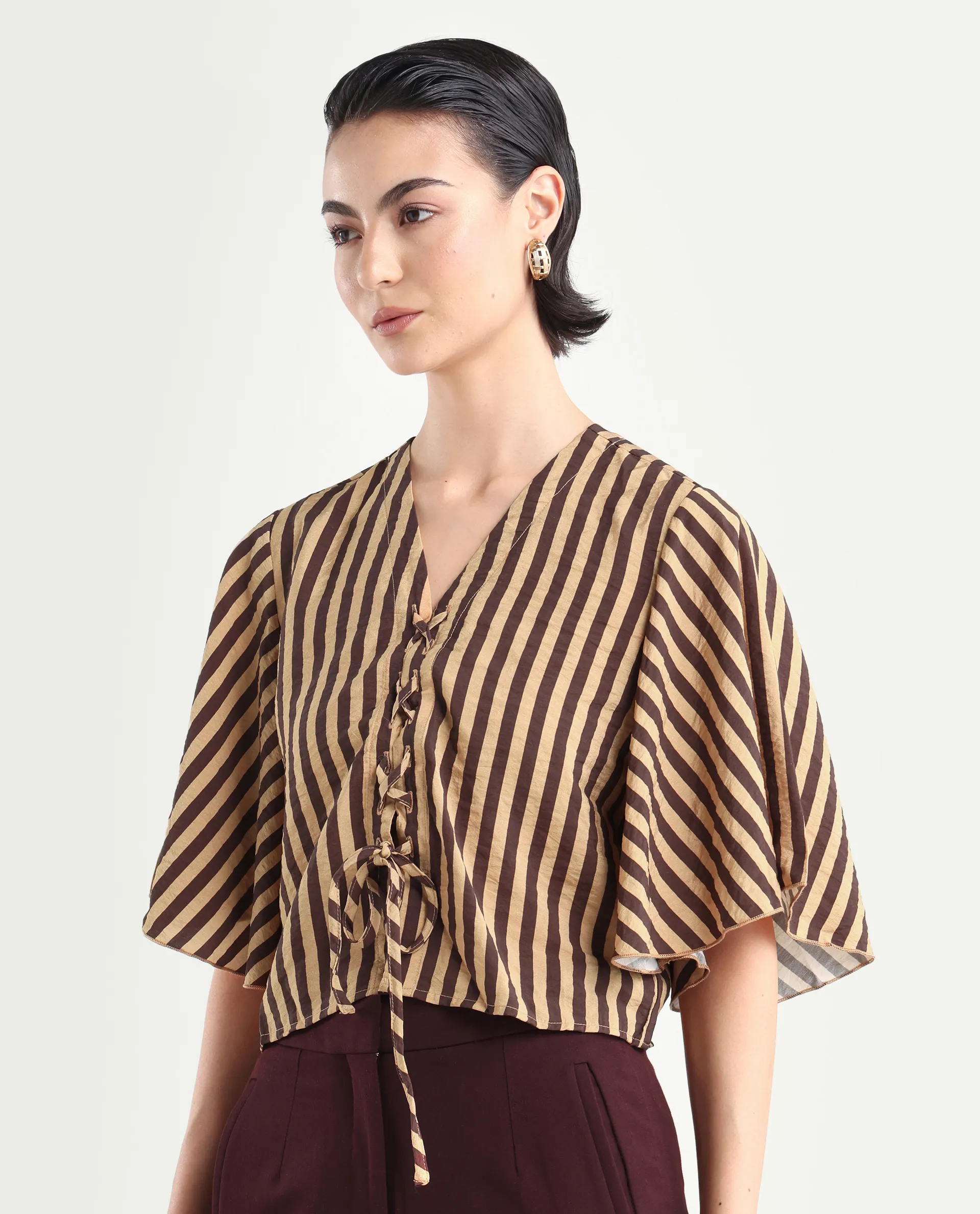 Rareism Women's Andria Brown Nylon Blend V-Neck Striped Bell Sleeve Crop Regular Fit Top - Image 5