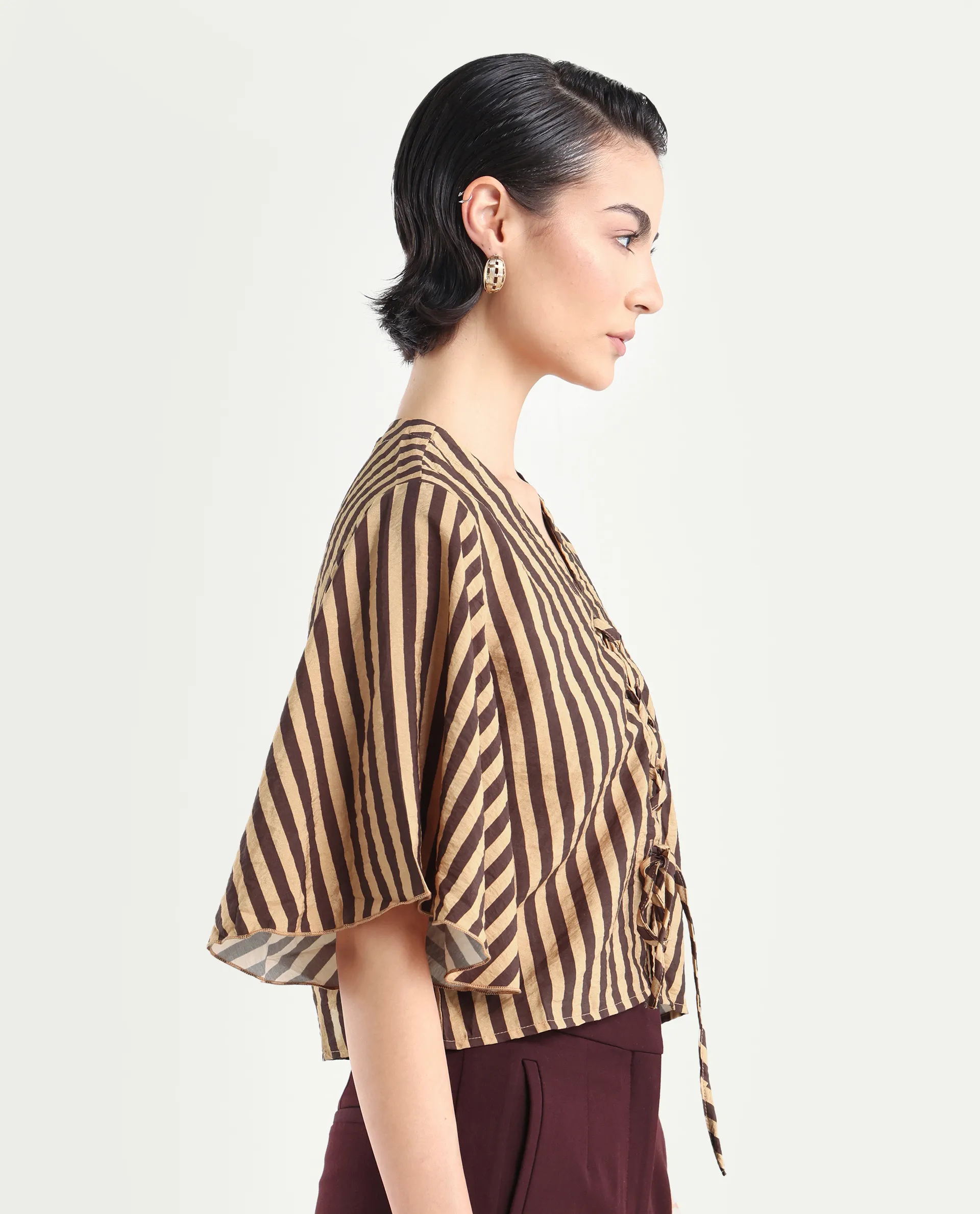 Rareism Women's Andria Brown Nylon Blend V-Neck Striped Bell Sleeve Crop Regular Fit Top - Image 6