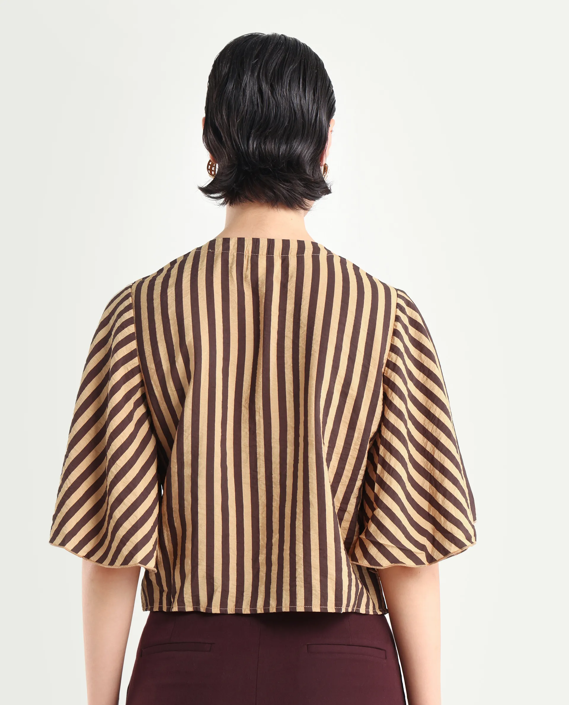 Rareism Women's Andria Brown Nylon Blend V-Neck Striped Bell Sleeve Crop Regular Fit Top - Image 7
