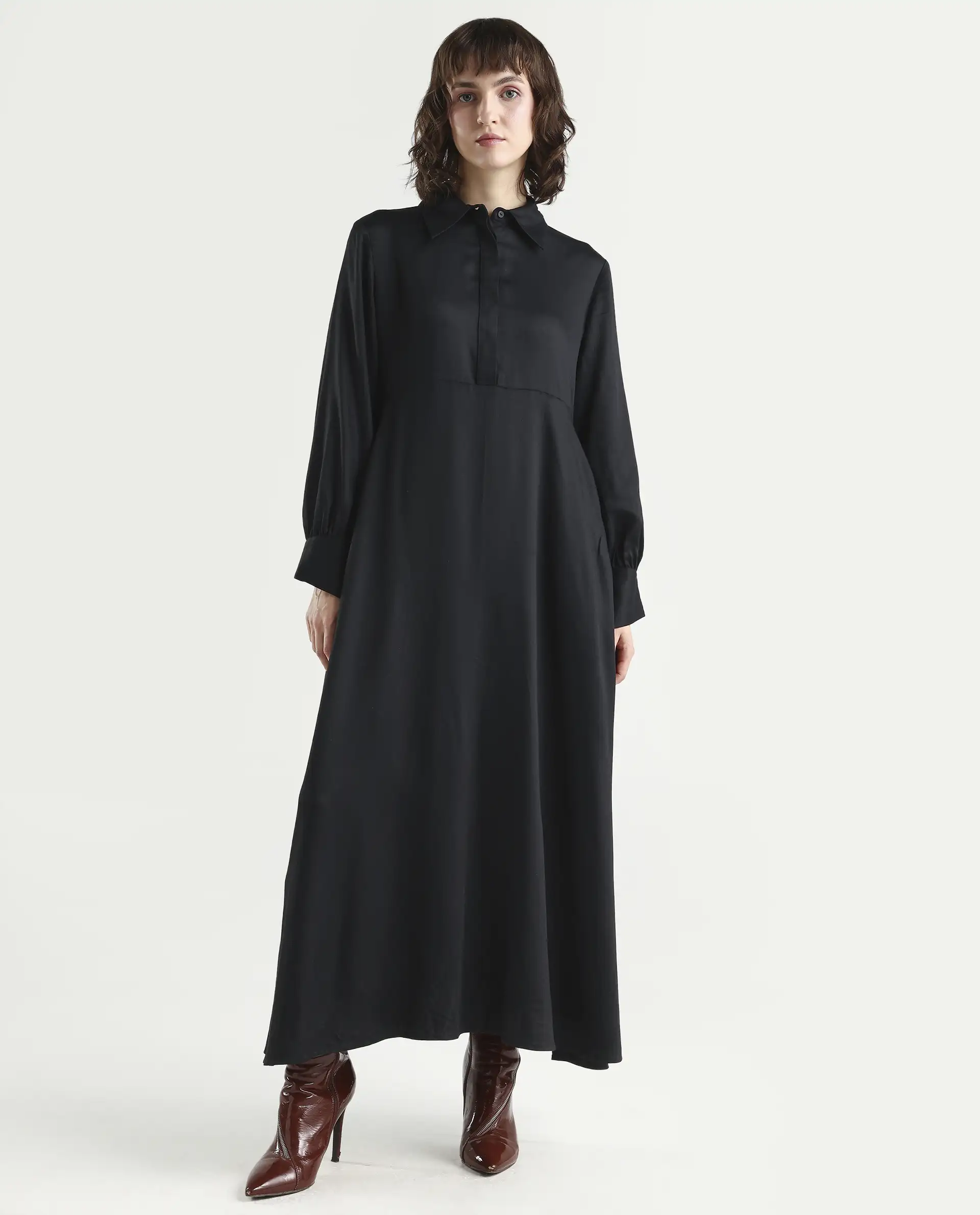 Rareism Women's Ane Black Viscose Full Sleeve Spread Collar Fit And Flare Dress - Image 2