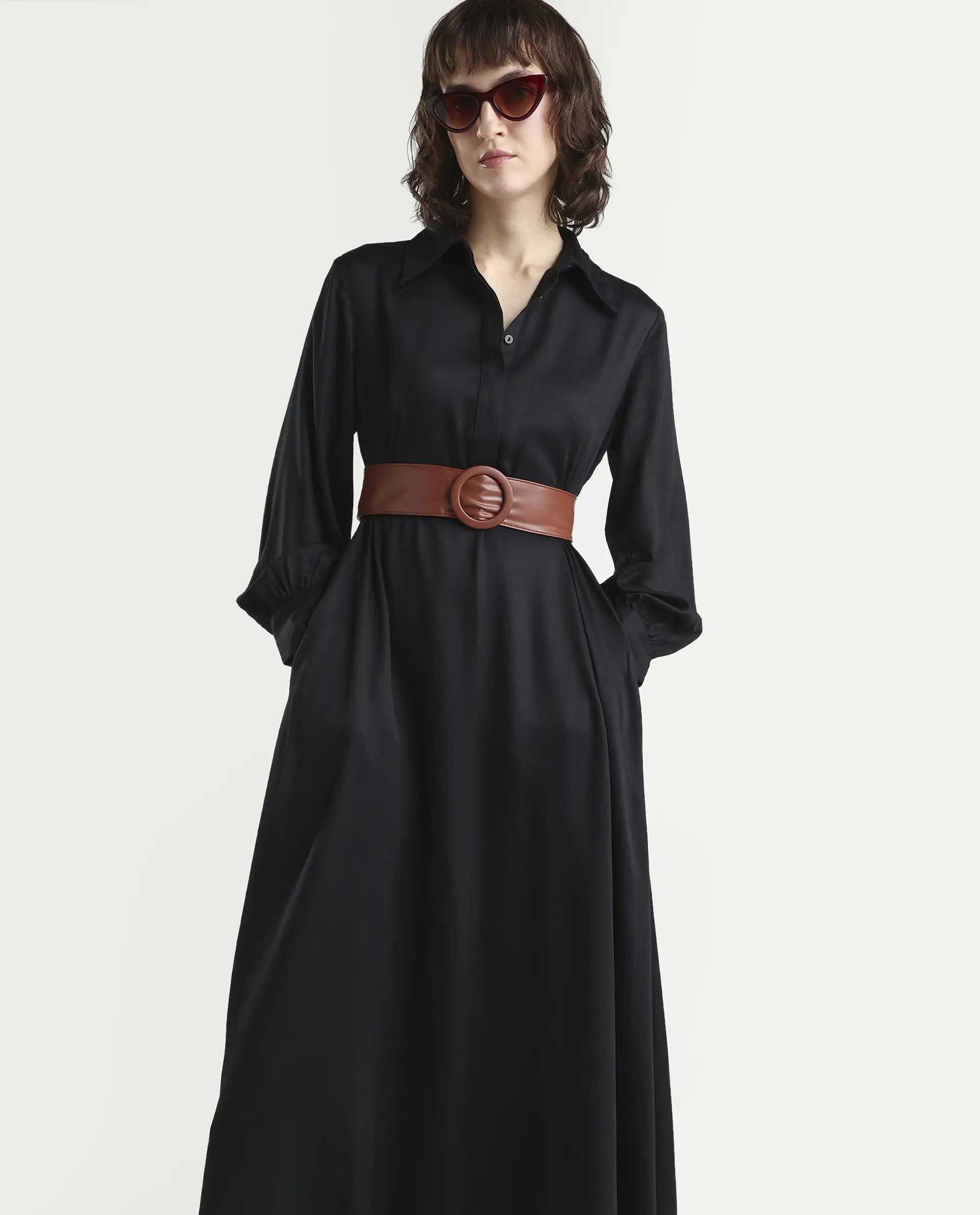Rareism Women's Ane Black Viscose Full Sleeve Spread Collar Fit And Flare Dress - Image 3