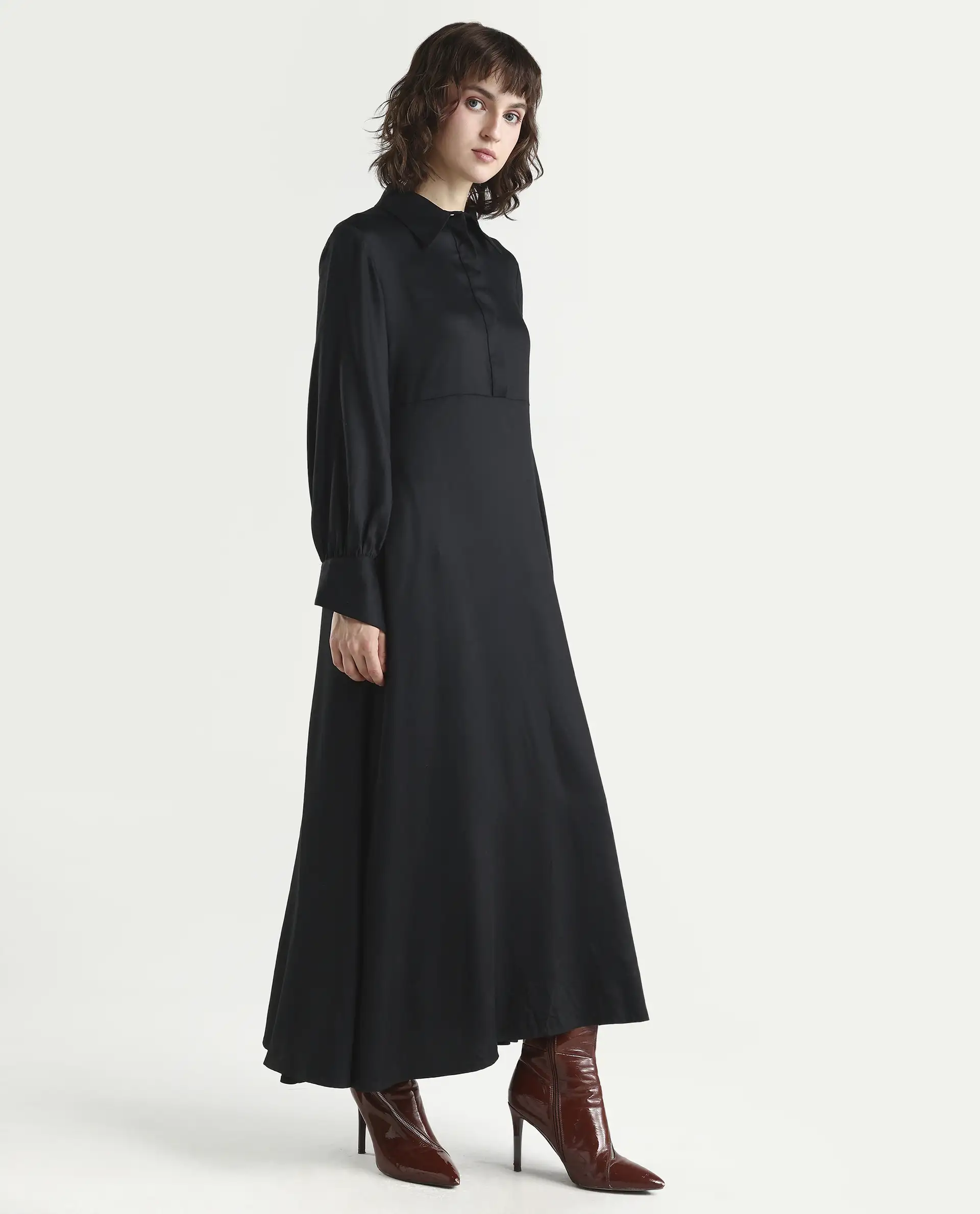 Rareism Women's Ane Black Viscose Full Sleeve Spread Collar Fit And Flare Dress - Image 5