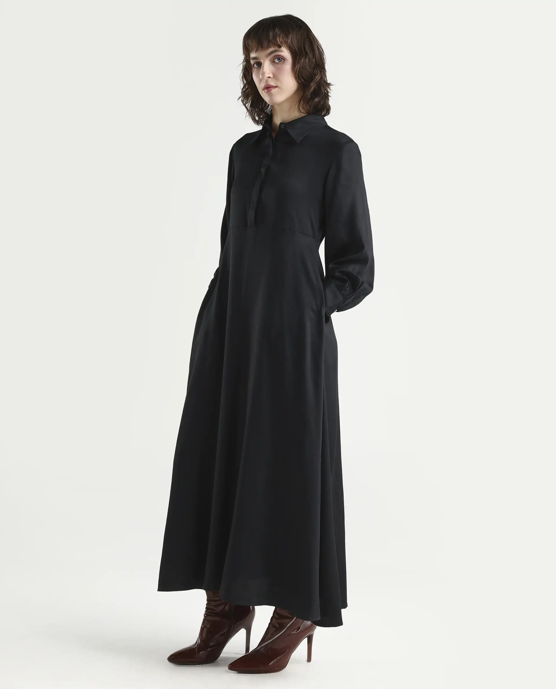 Rareism Women's Ane Black Viscose Full Sleeve Spread Collar Fit And Flare Dress - Image 6