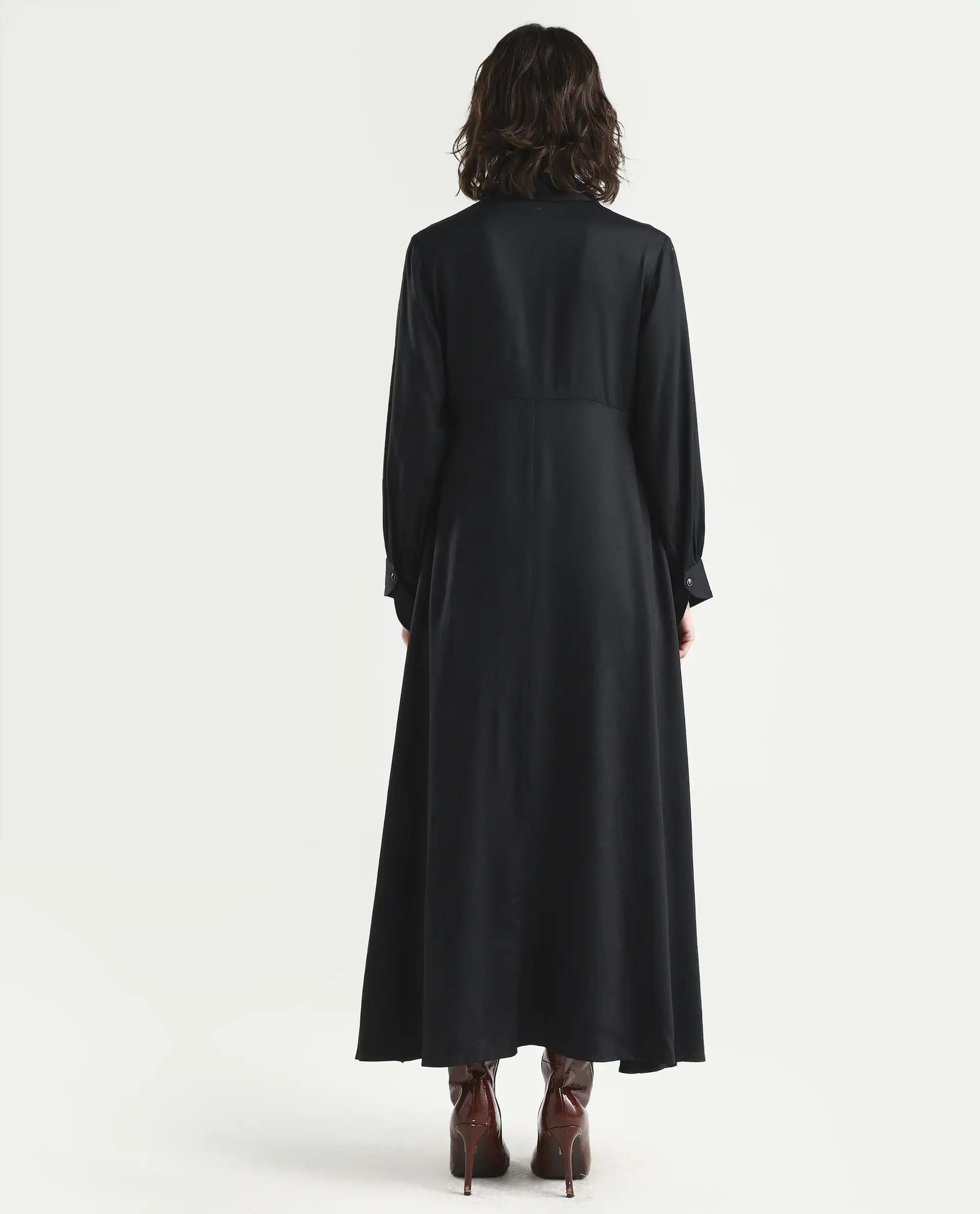Rareism Women's Ane Black Viscose Full Sleeve Spread Collar Fit And Flare Dress - Image 7