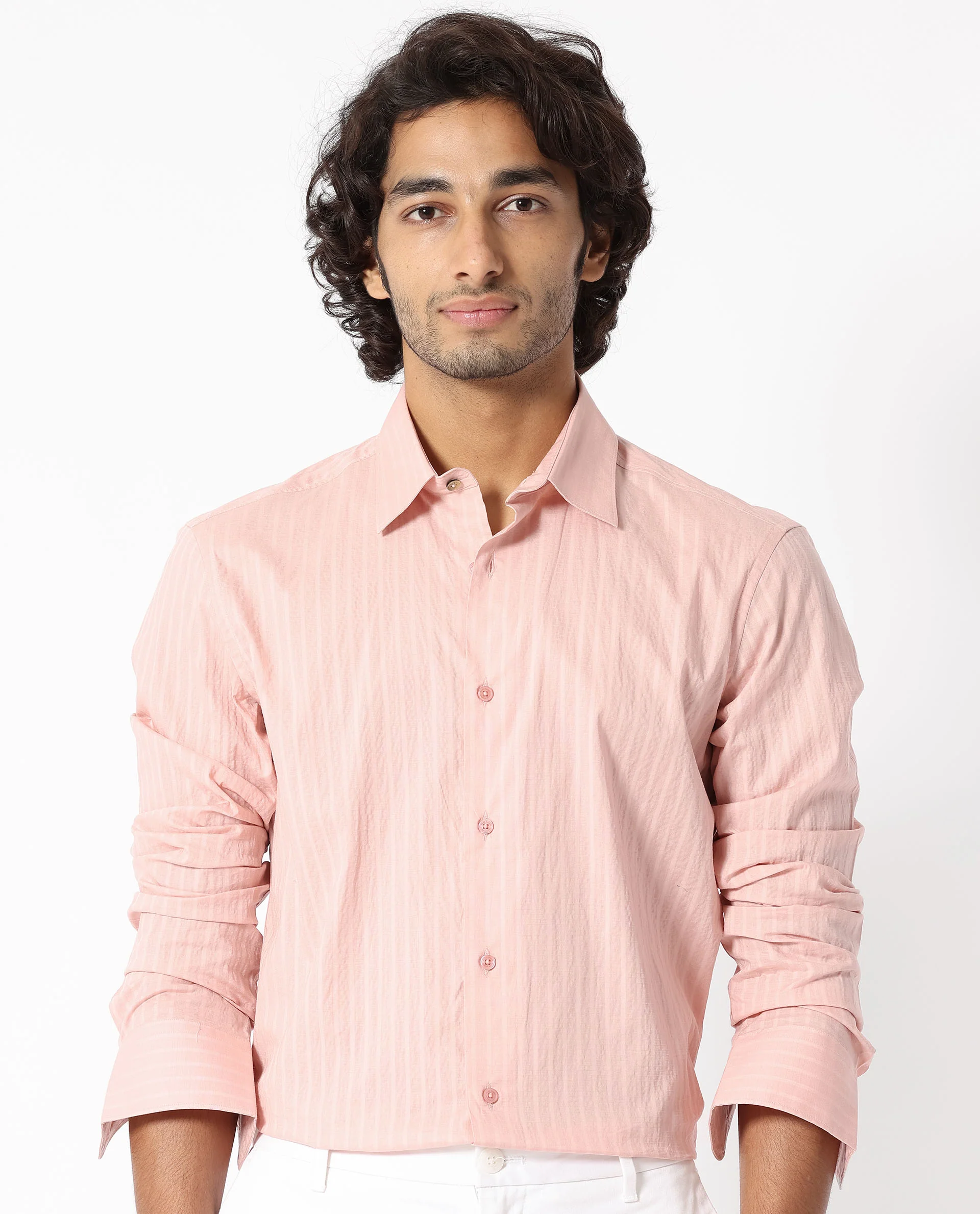 Rare Rabbit Men's Anemo Dusky Peach Cotton Striped Print Regular Fit Full Sleeve Collared Shirt