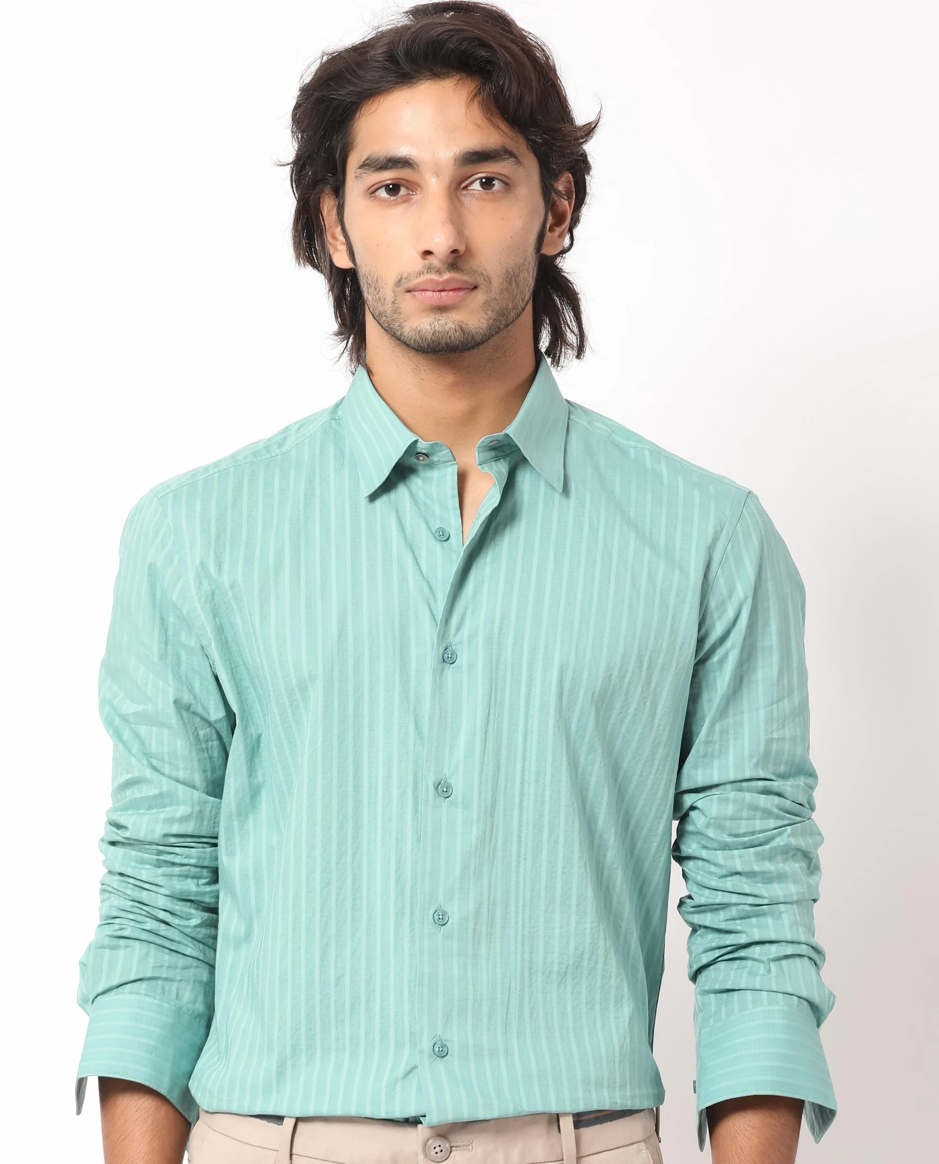 Rare Rabbit Men's Anemo Dusky Turq Cotton Striped Print Regular Fit Full Sleeve Collared Shirt - Image 2