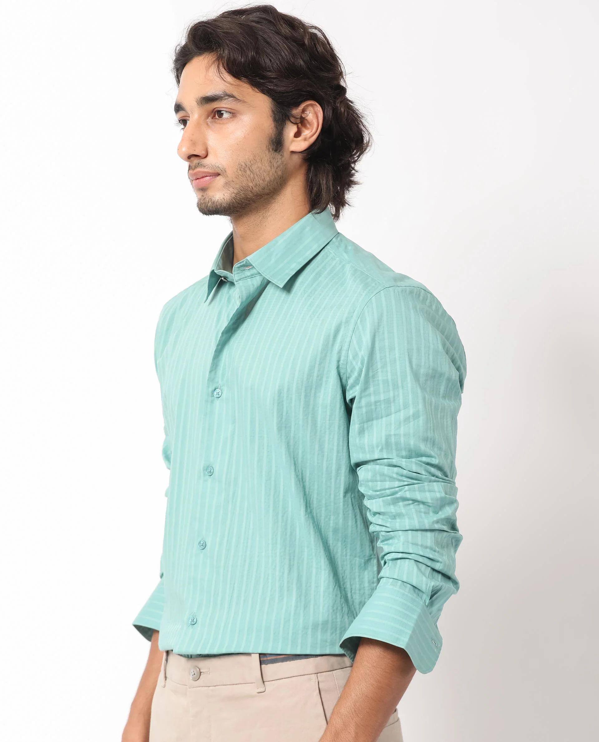 Rare Rabbit Men's Anemo Dusky Turq Cotton Striped Print Regular Fit Full Sleeve Collared Shirt - Image 4
