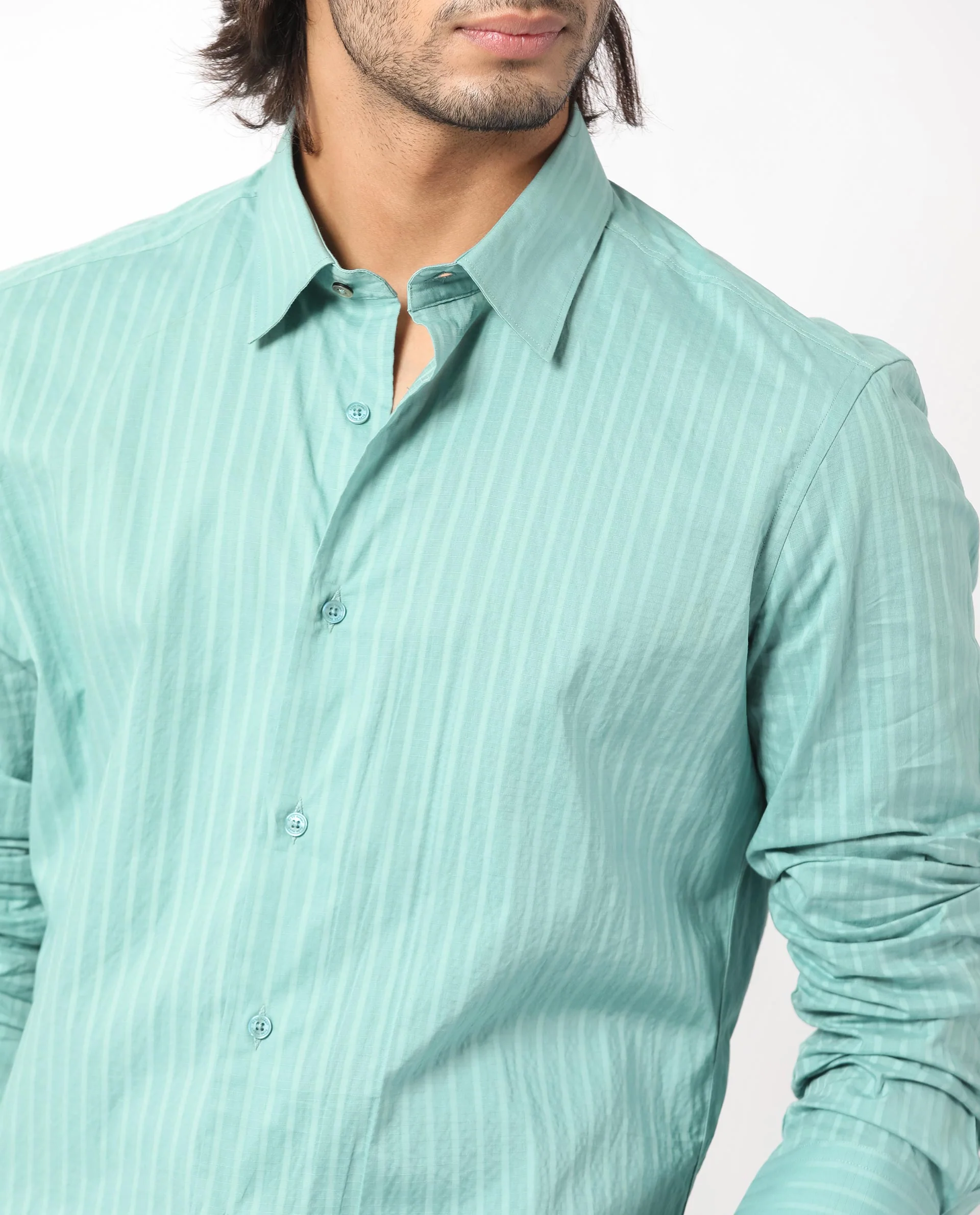Rare Rabbit Men's Anemo Dusky Turq Cotton Striped Print Regular Fit Full Sleeve Collared Shirt - Image 6
