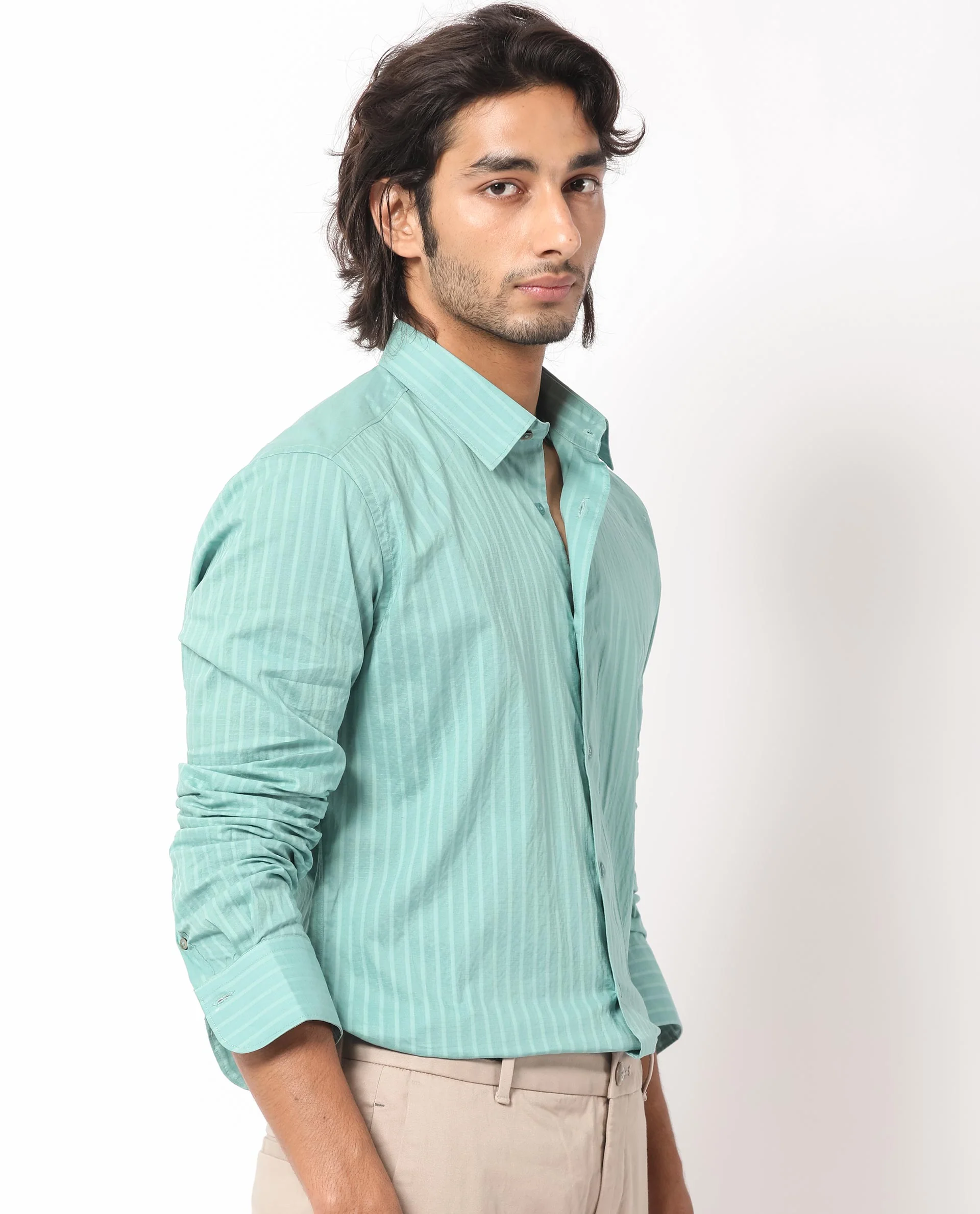 Rare Rabbit Men's Anemo Dusky Turq Cotton Striped Print Regular Fit Full Sleeve Collared Shirt - Image 7