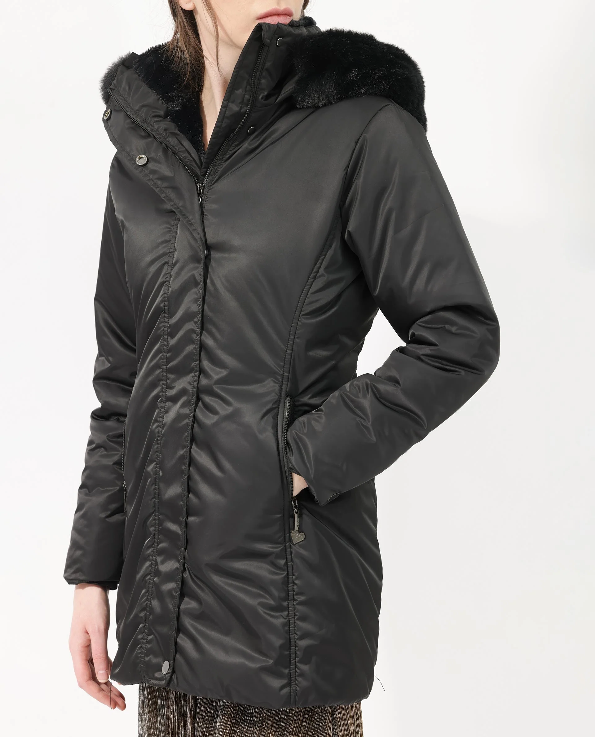Rareism Women's Angena Black Polyester Hooded Plain Regular Fit Jacket - Image 4