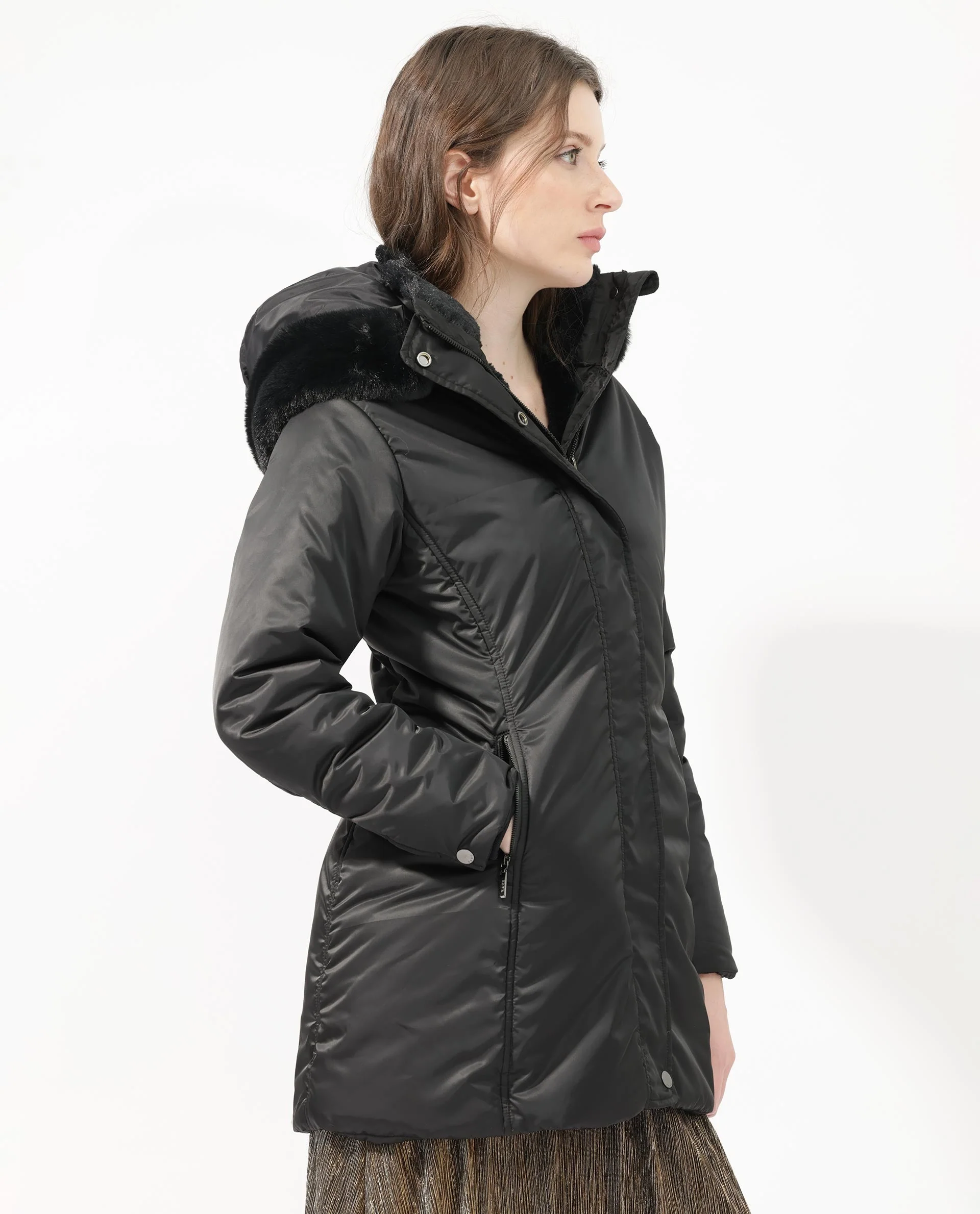Rareism Women's Angena Black Polyester Hooded Plain Regular Fit Jacket - Image 6