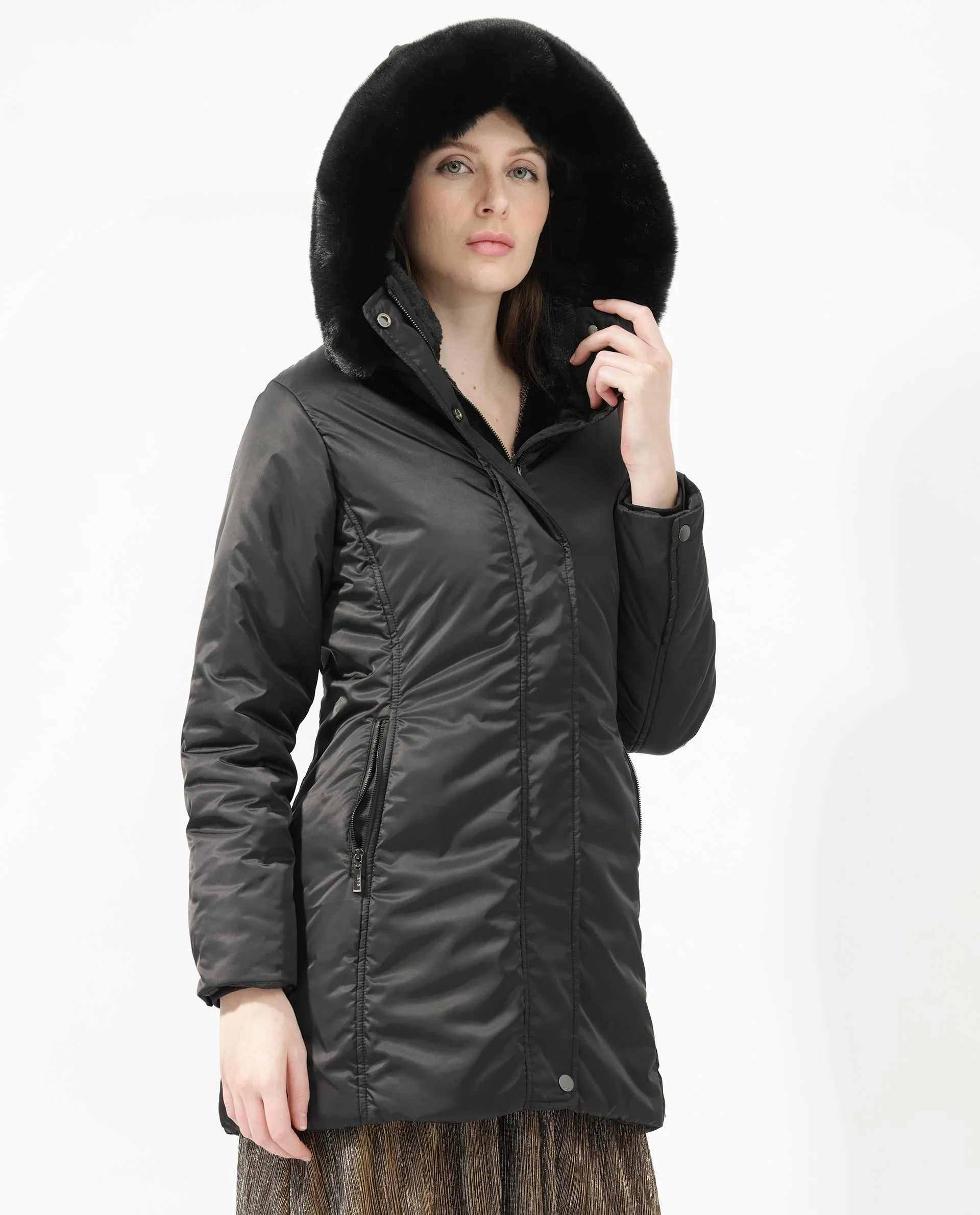 Rareism Women's Angena Black Polyester Hooded Plain Regular Fit Jacket - Image 7