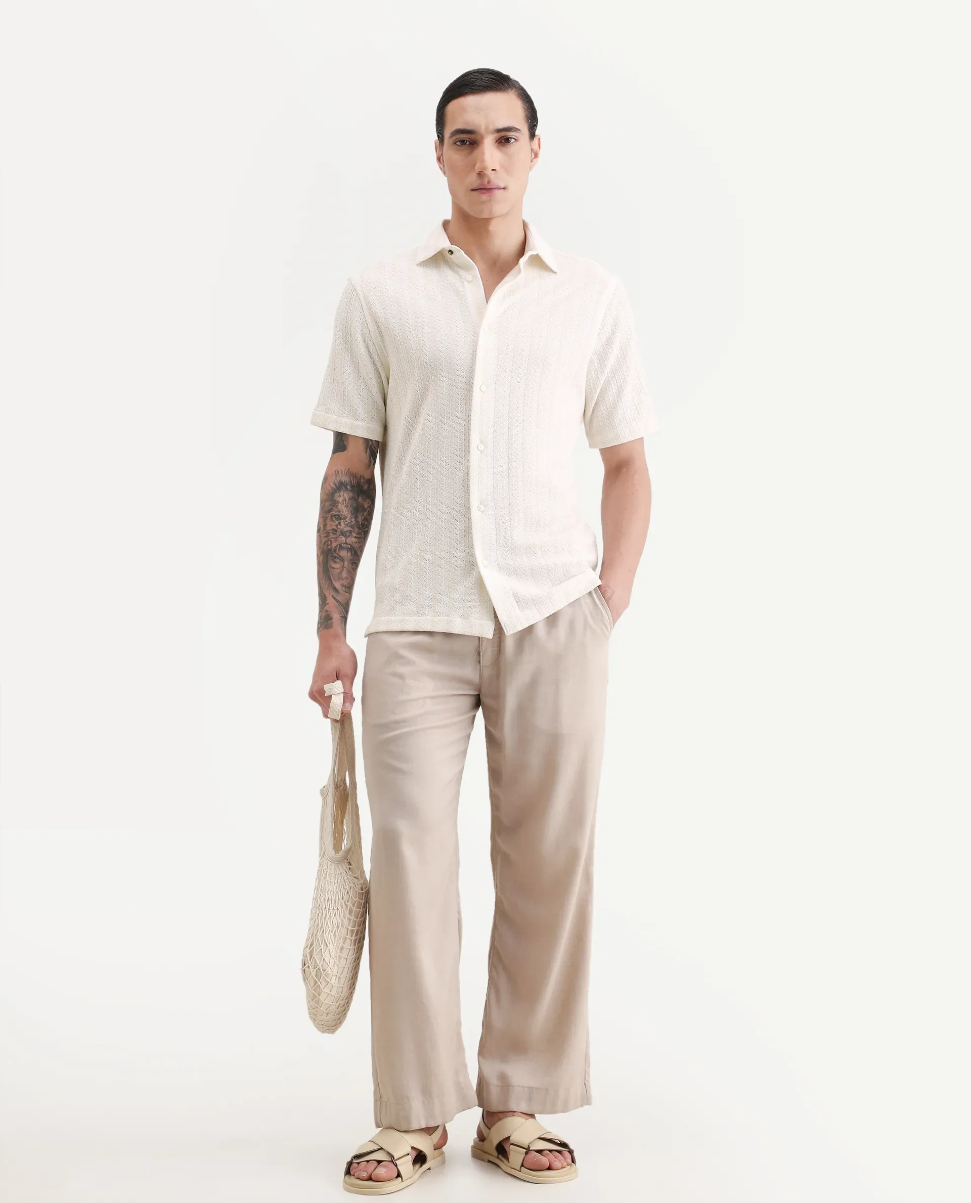 Rare Rabbit Men's Angou Off White Cotton Fabric Half Sleeve Spread Collar Regular Fit Textured Shirt - Image 2