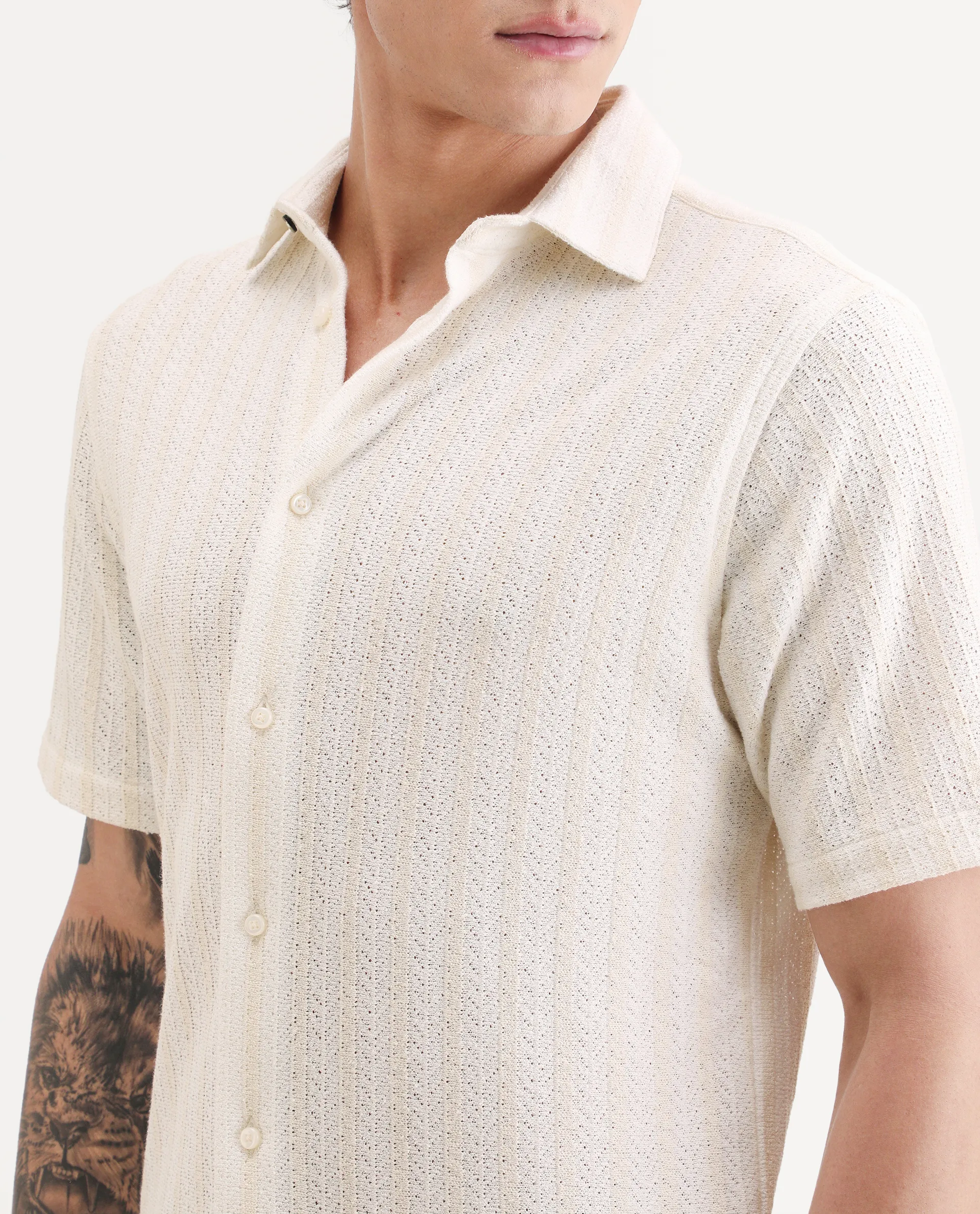 Rare Rabbit Men's Angou Off White Cotton Fabric Half Sleeve Spread Collar Regular Fit Textured Shirt - Image 3