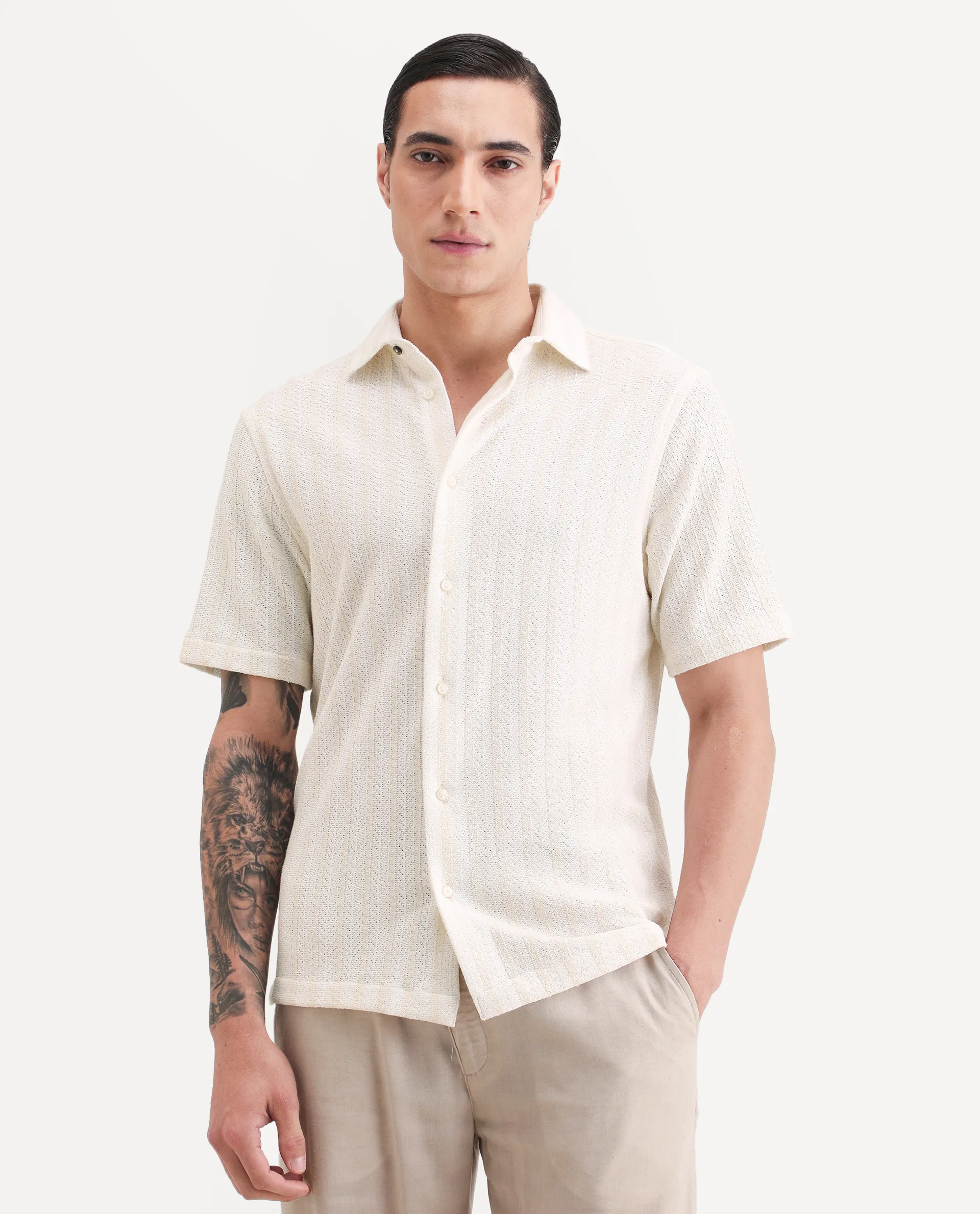 Rare Rabbit Men's Angou Off White Cotton Fabric Half Sleeve Spread Collar Regular Fit Textured Shirt - Image 4