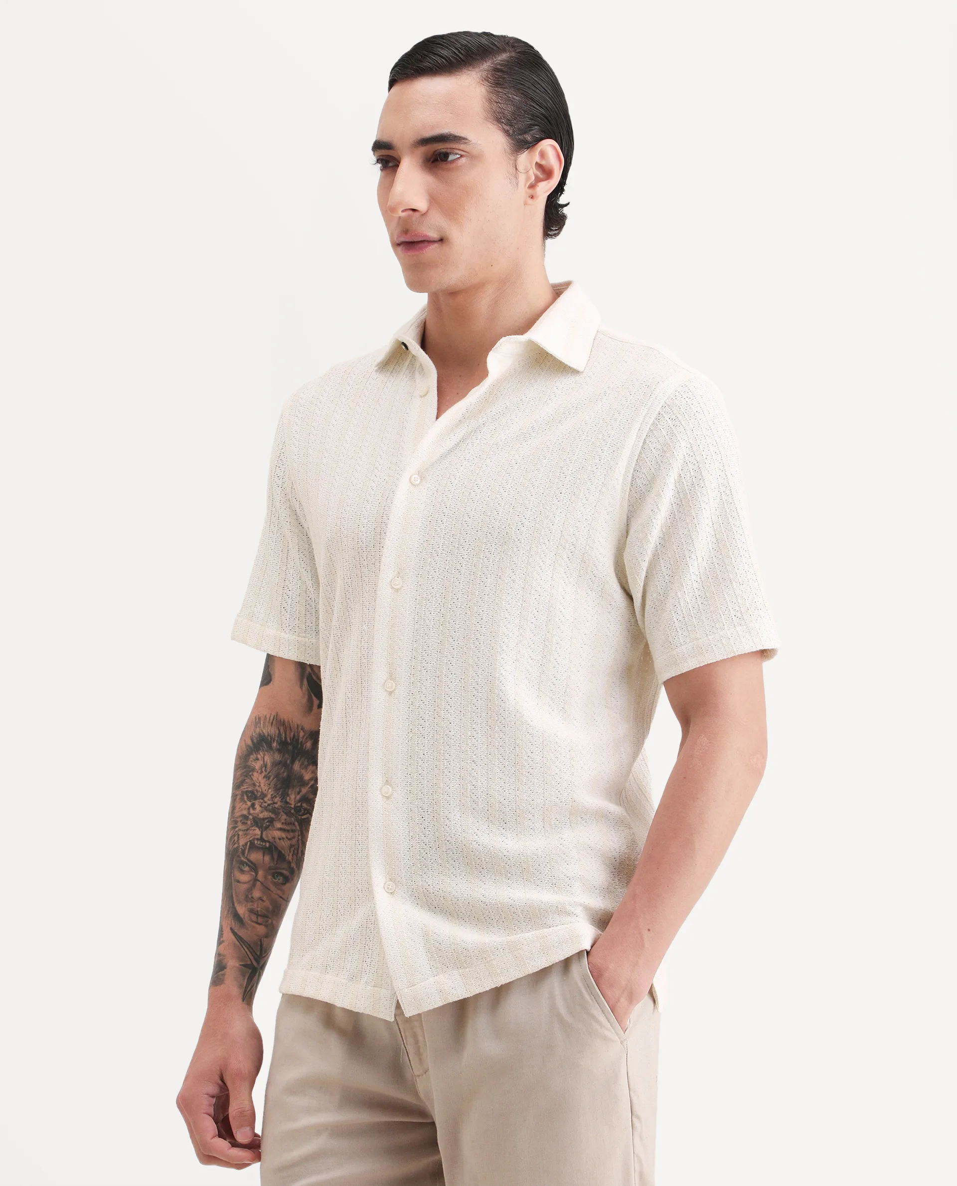 Rare Rabbit Men's Angou Off White Cotton Fabric Half Sleeve Spread Collar Regular Fit Textured Shirt - Image 5