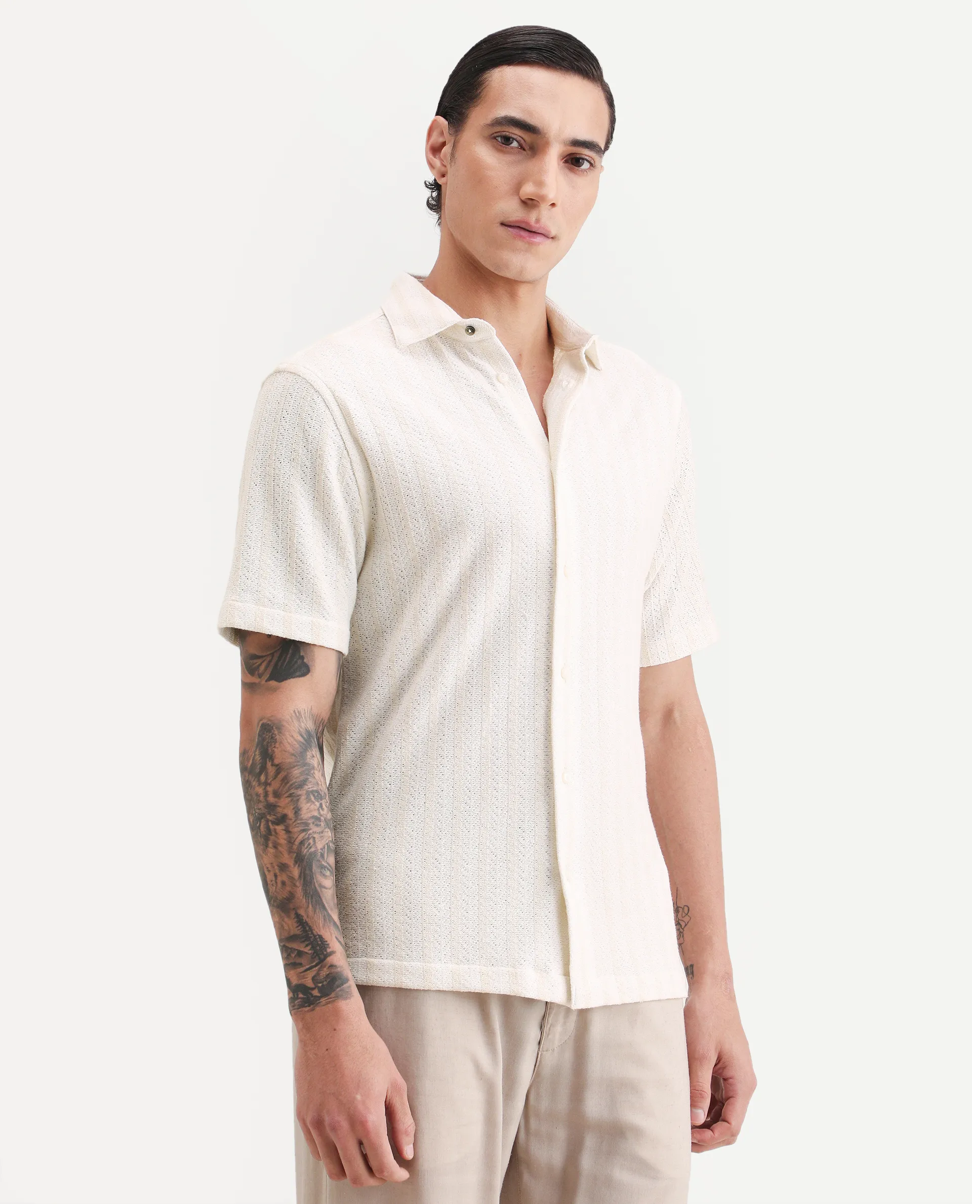 Rare Rabbit Men's Angou Off White Cotton Fabric Half Sleeve Spread Collar Regular Fit Textured Shirt - Image 6