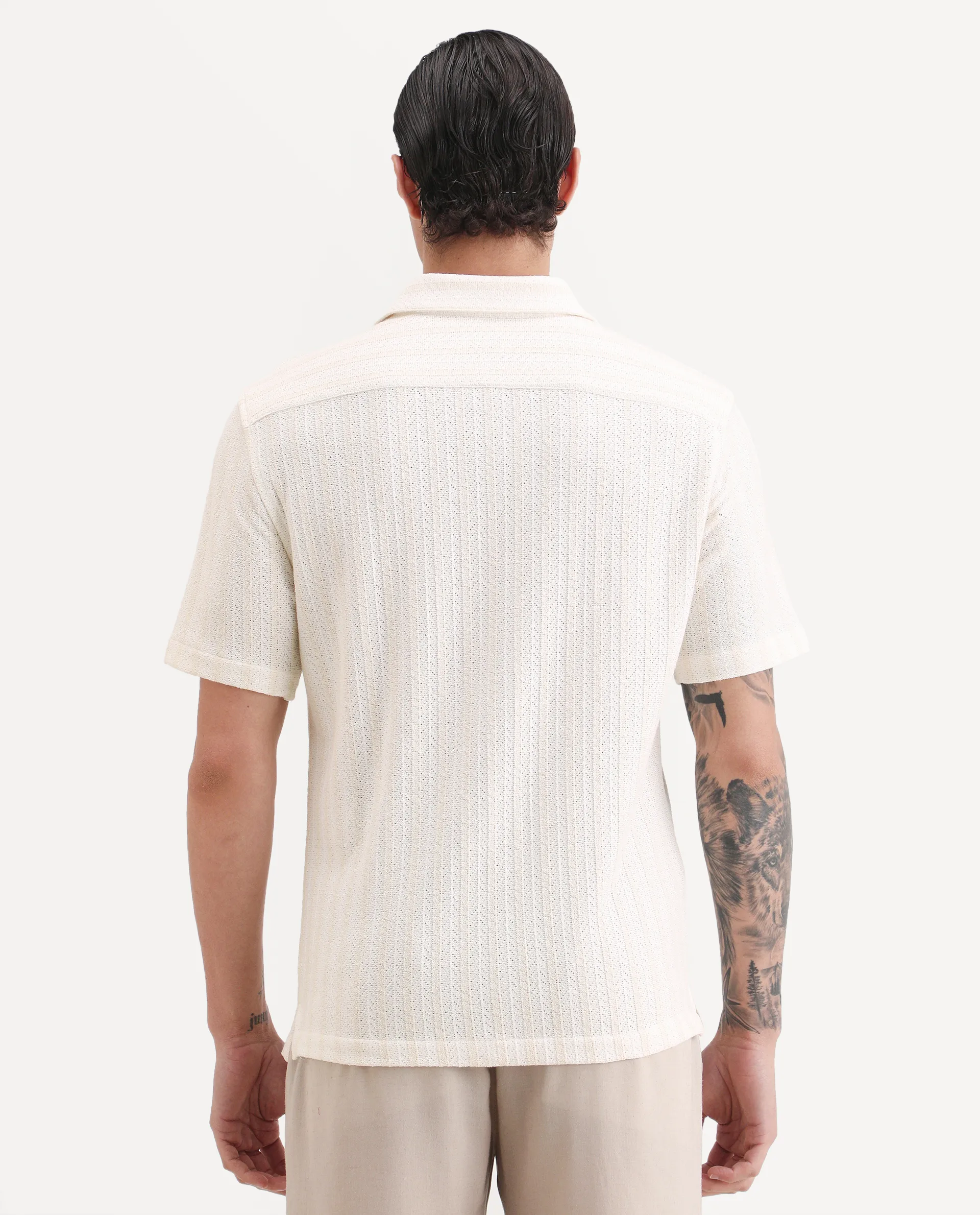Rare Rabbit Men's Angou Off White Cotton Fabric Half Sleeve Spread Collar Regular Fit Textured Shirt - Image 7