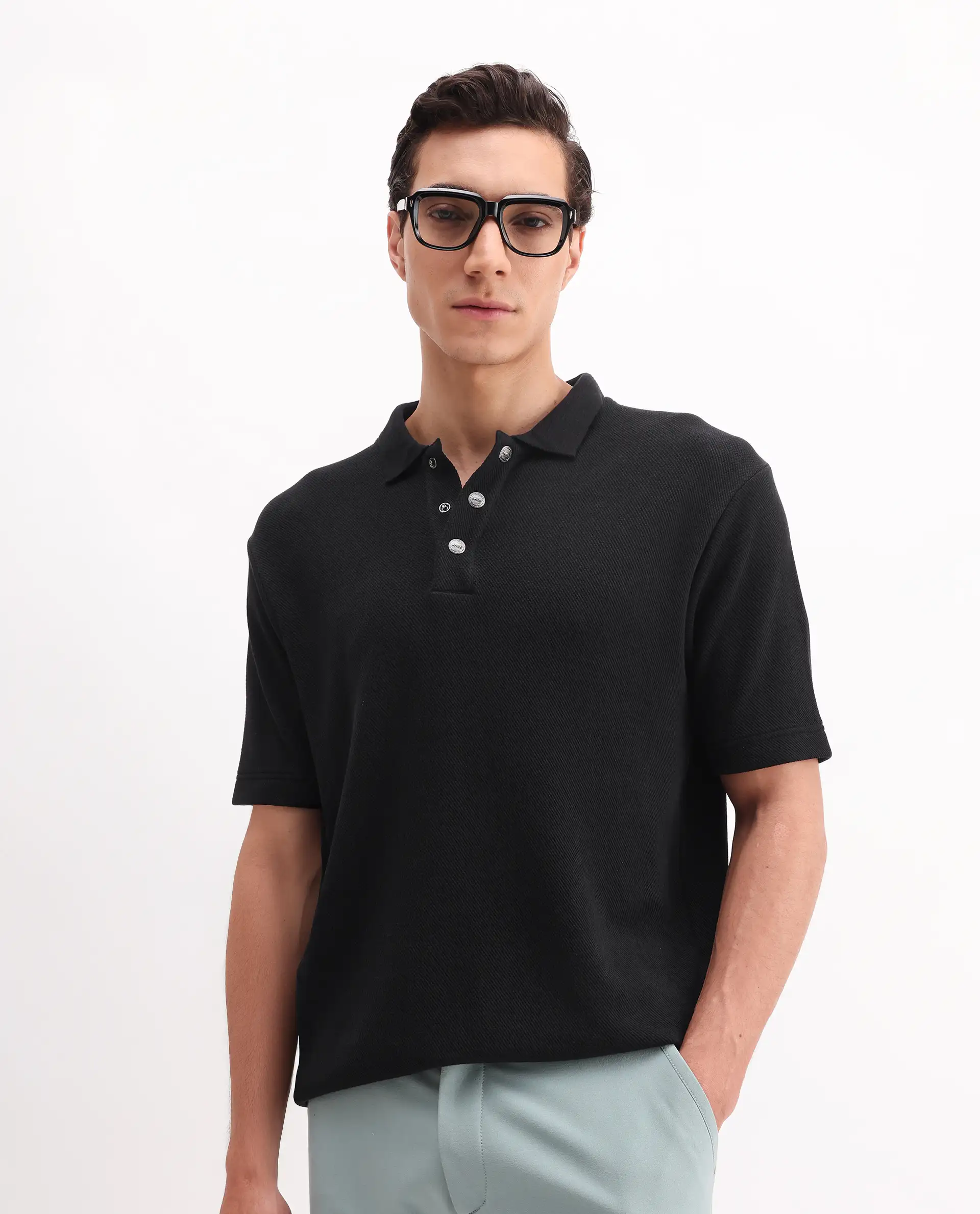 Rare Rabbit Men's Ania Black Cotton Plain Regular Fit Half Sleeve Polo