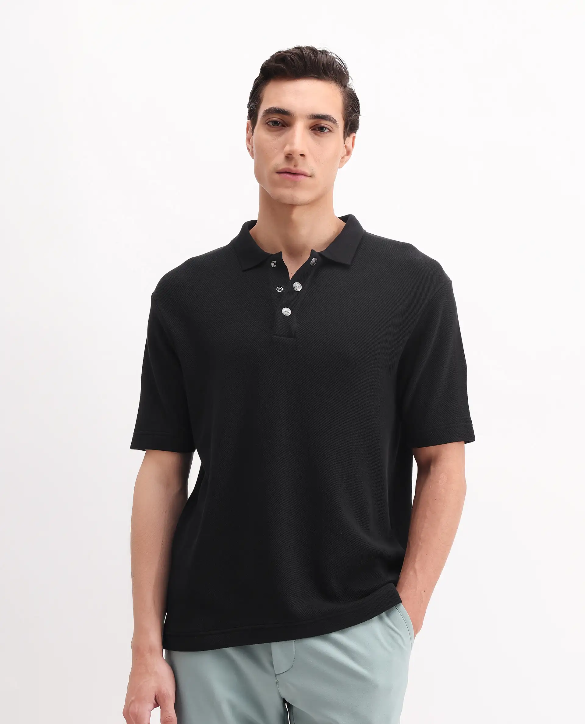 Rare Rabbit Men's Ania Black Cotton Plain Regular Fit Half Sleeve Polo - Image 3