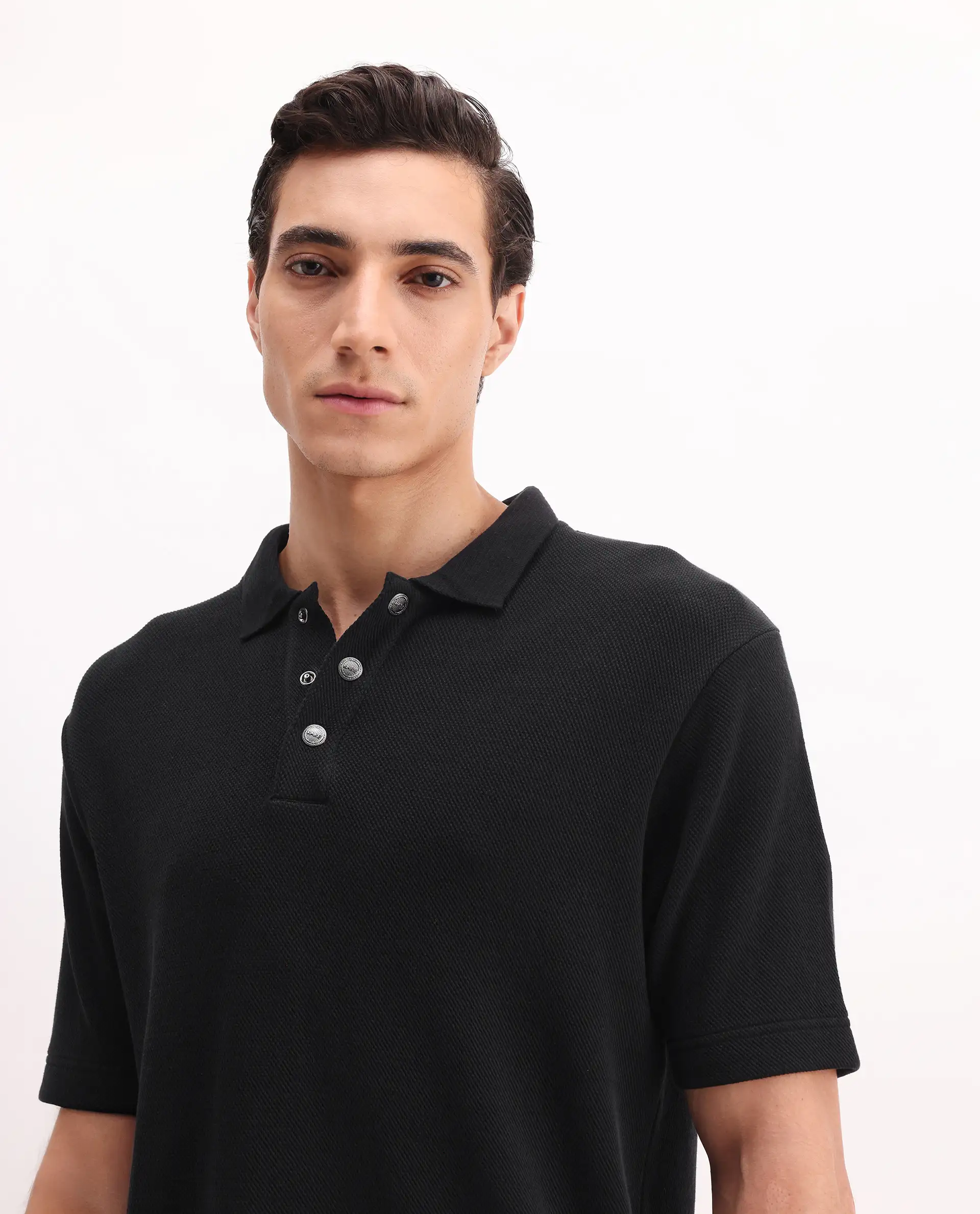 Rare Rabbit Men's Ania Black Cotton Plain Regular Fit Half Sleeve Polo - Image 4