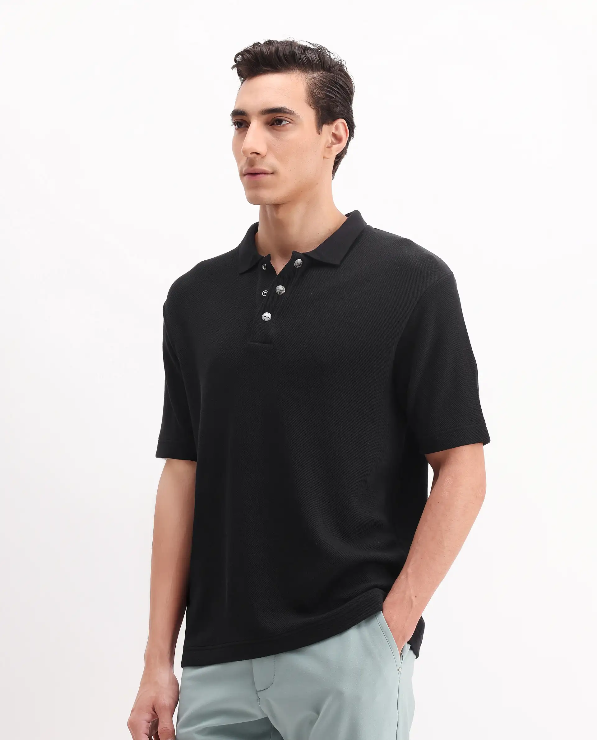 Rare Rabbit Men's Ania Black Cotton Plain Regular Fit Half Sleeve Polo - Image 5