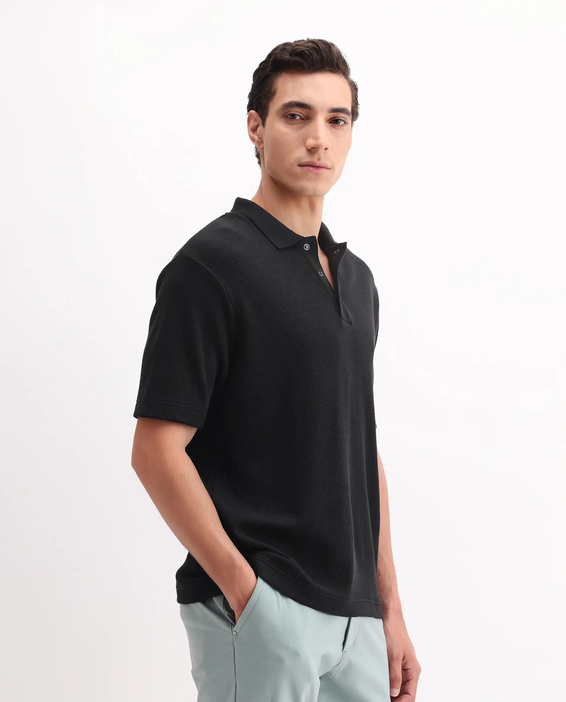 Rare Rabbit Men's Ania Black Cotton Plain Regular Fit Half Sleeve Polo - Image 6