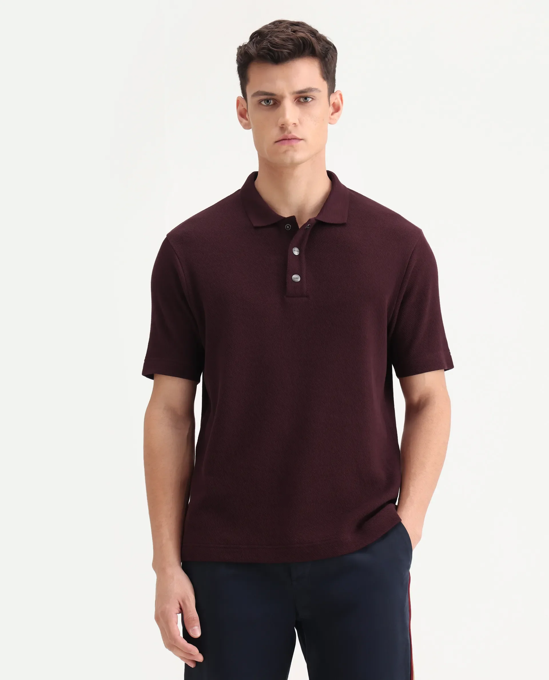 Rare Rabbit Men's Ania Dark Maroon Cotton Plain Regular Fit Half Sleeve Polo - Image 4