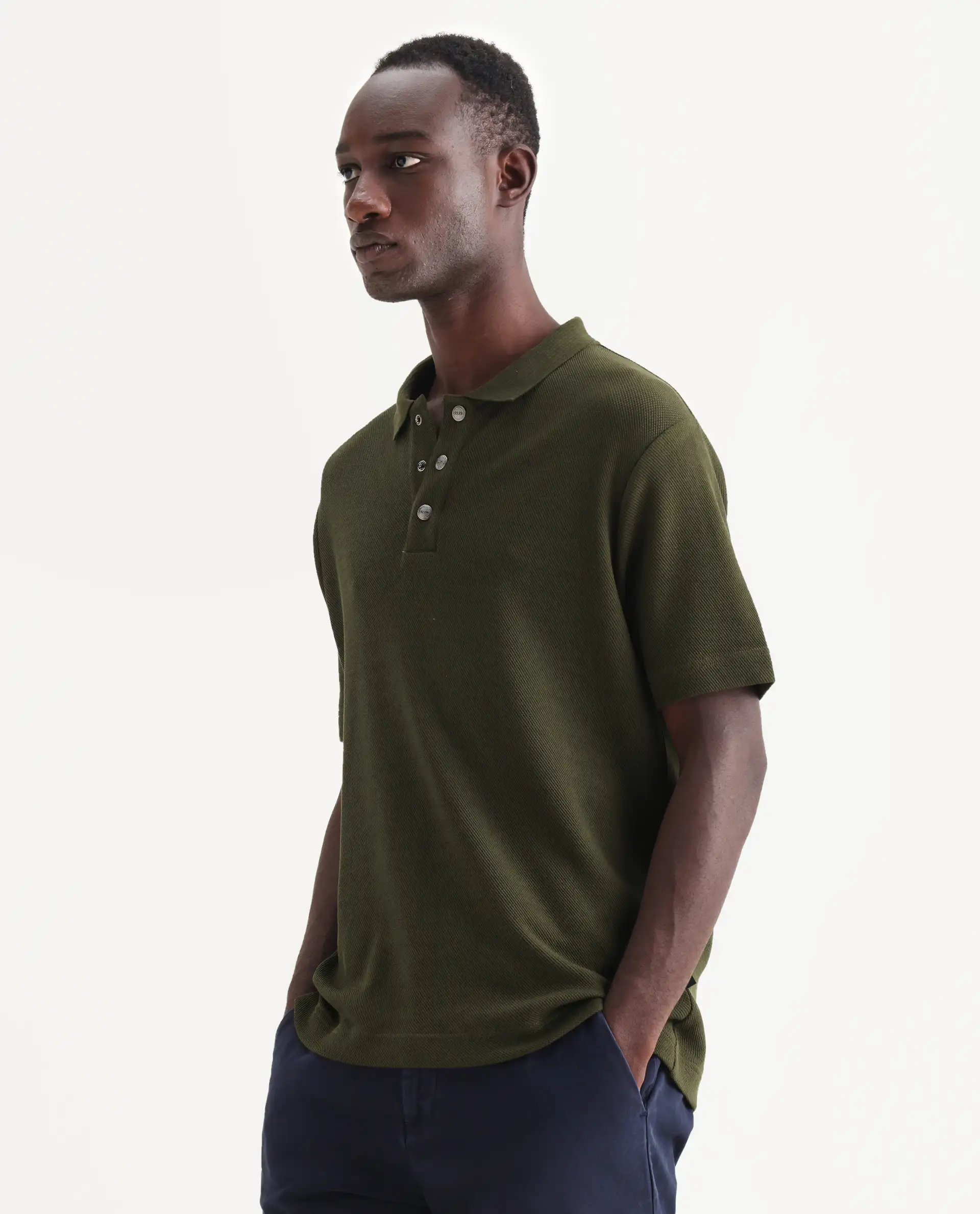 Rare Rabbit Men's Ania Dark Olive Cotton Plain Regular Fit Half Sleeve Polo - Image 5