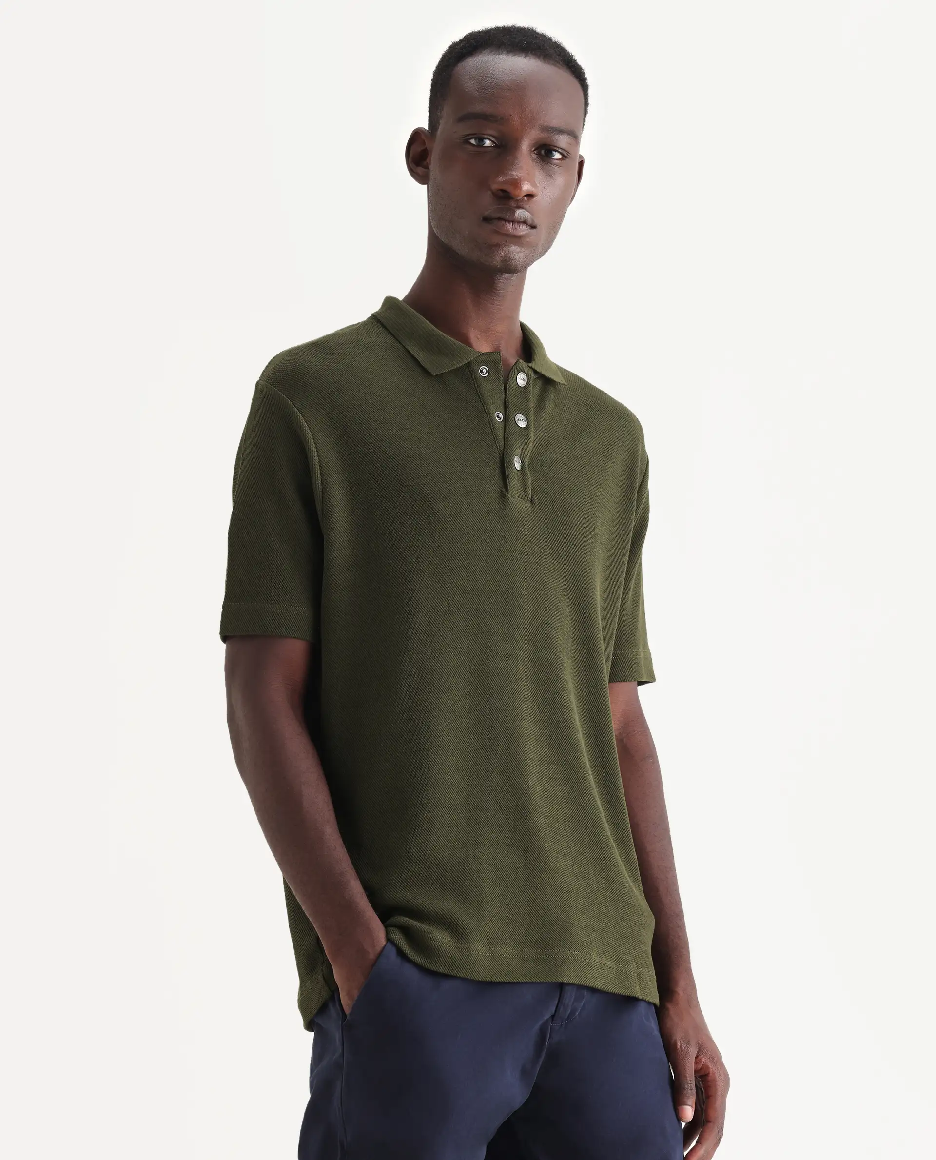Rare Rabbit Men's Ania Dark Olive Cotton Plain Regular Fit Half Sleeve Polo - Image 6