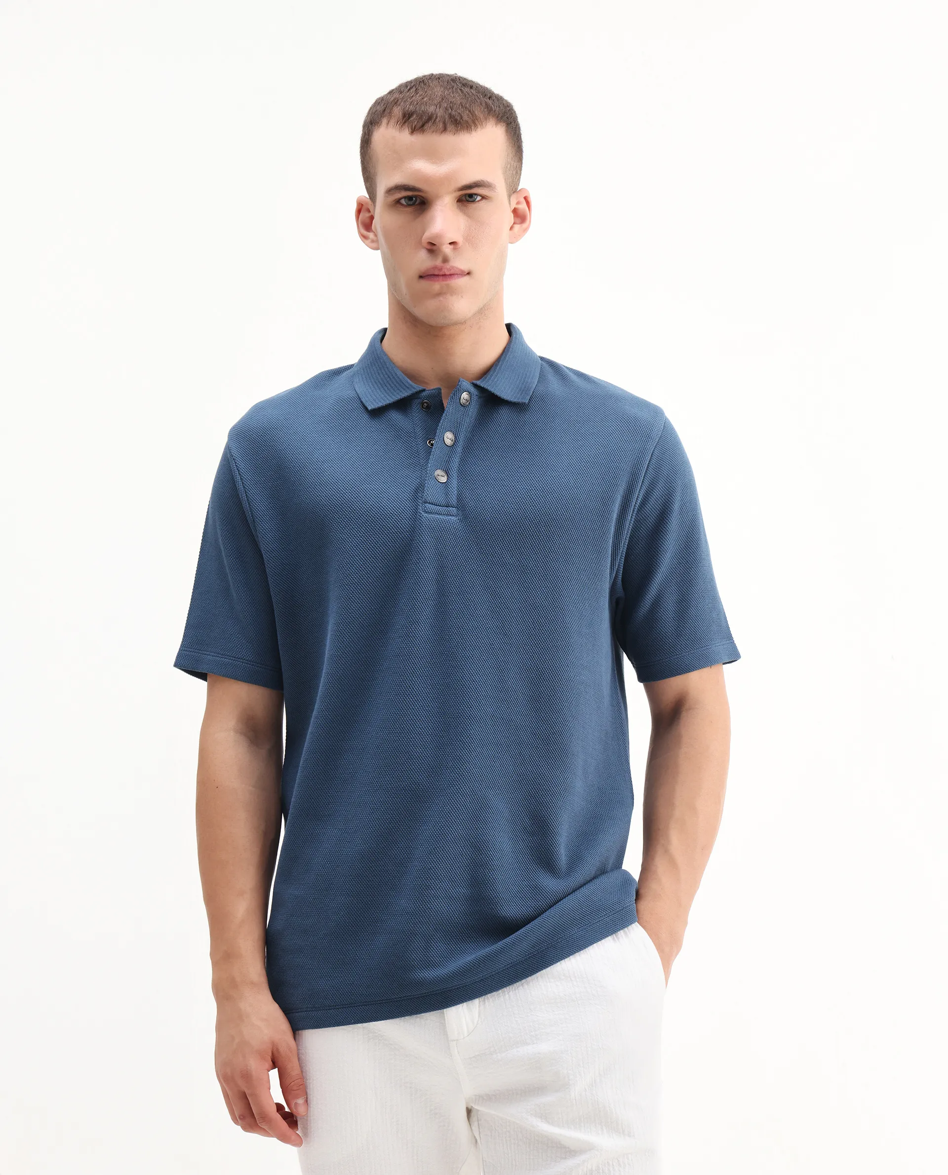 Rare Rabbit Men's Ania Teal Cotton Plain Regular Fit Half Sleeve Polo - Image 3