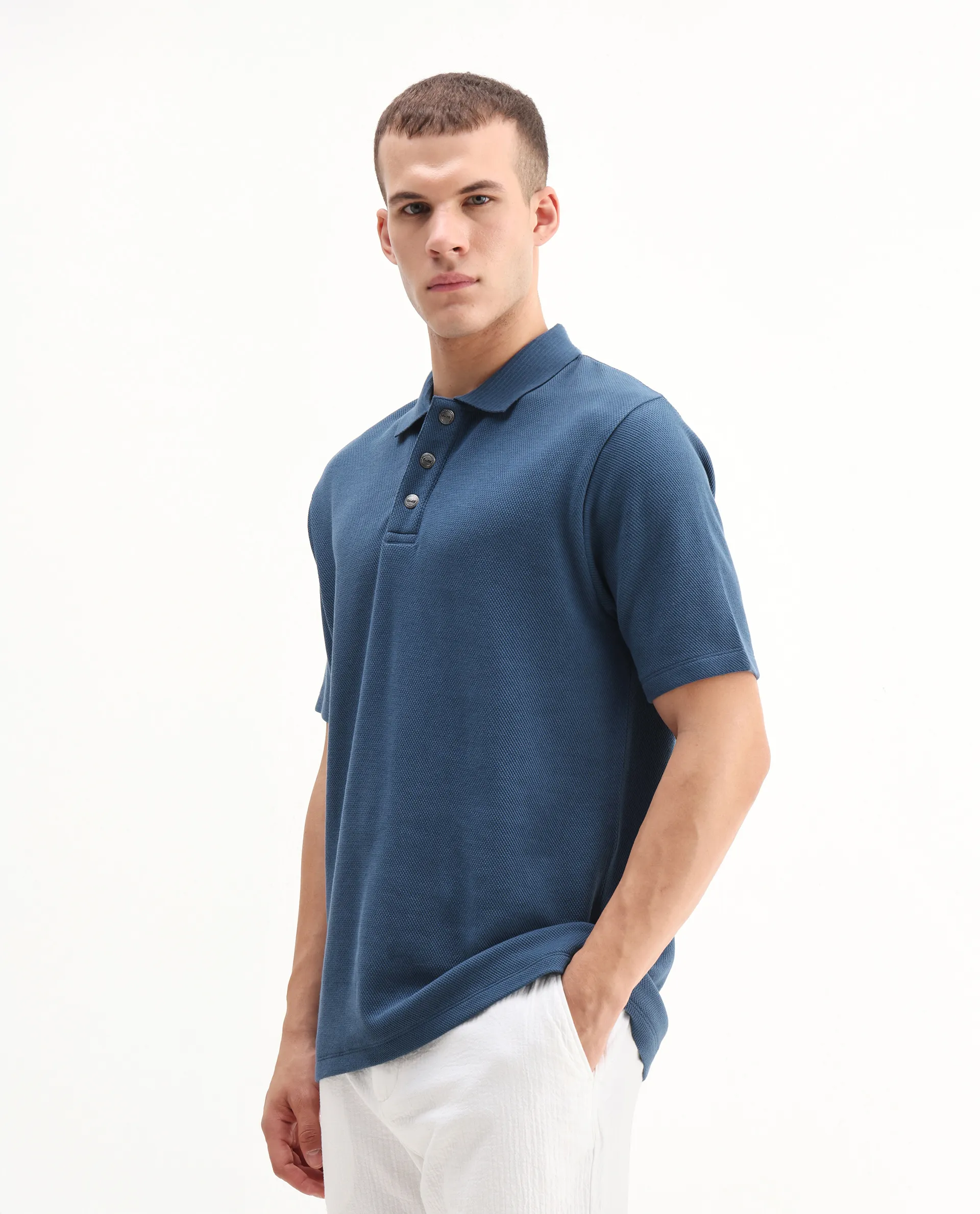 Rare Rabbit Men's Ania Teal Cotton Plain Regular Fit Half Sleeve Polo - Image 4
