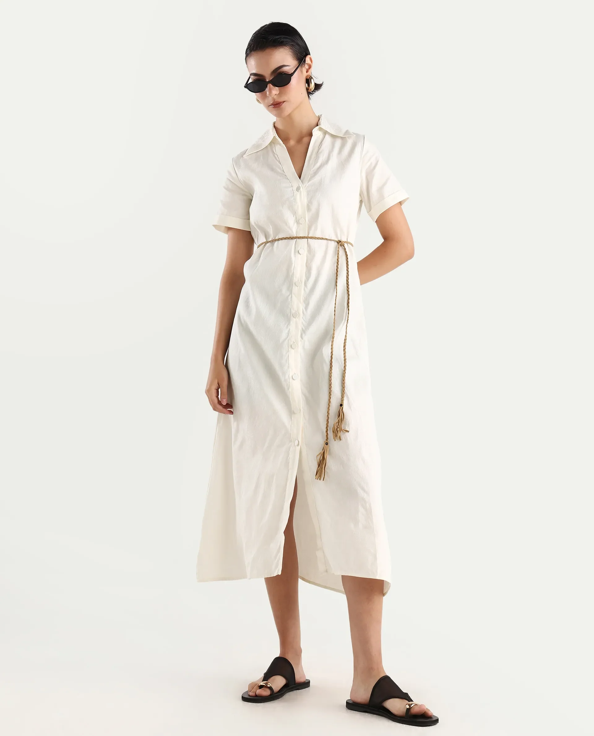 Rareism Women's Ania White Cotton Drop Collar Plain Maxi A-Line Dress - Image 2