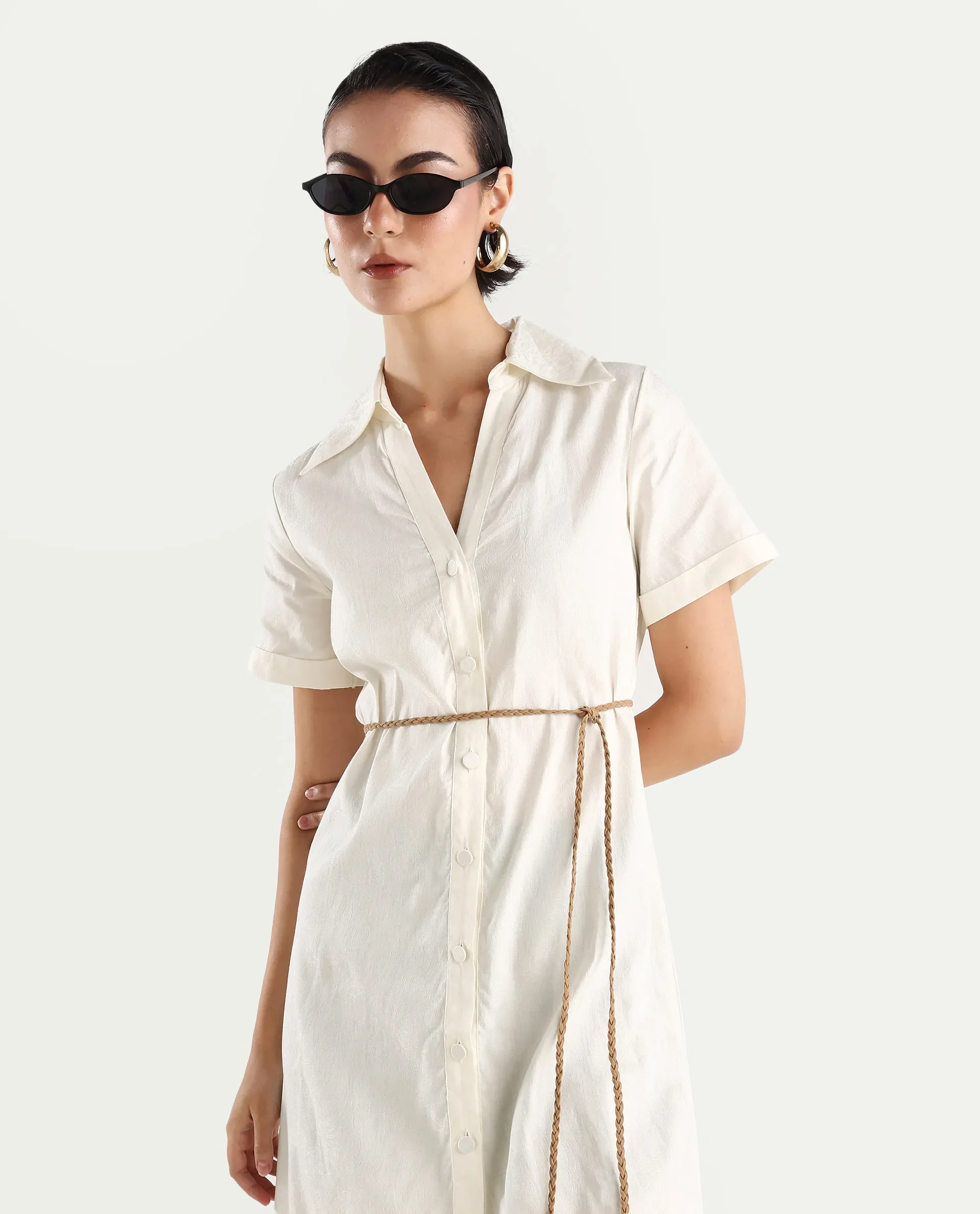 Rareism Women's Ania White Cotton Drop Collar Plain Maxi A-Line Dress - Image 3