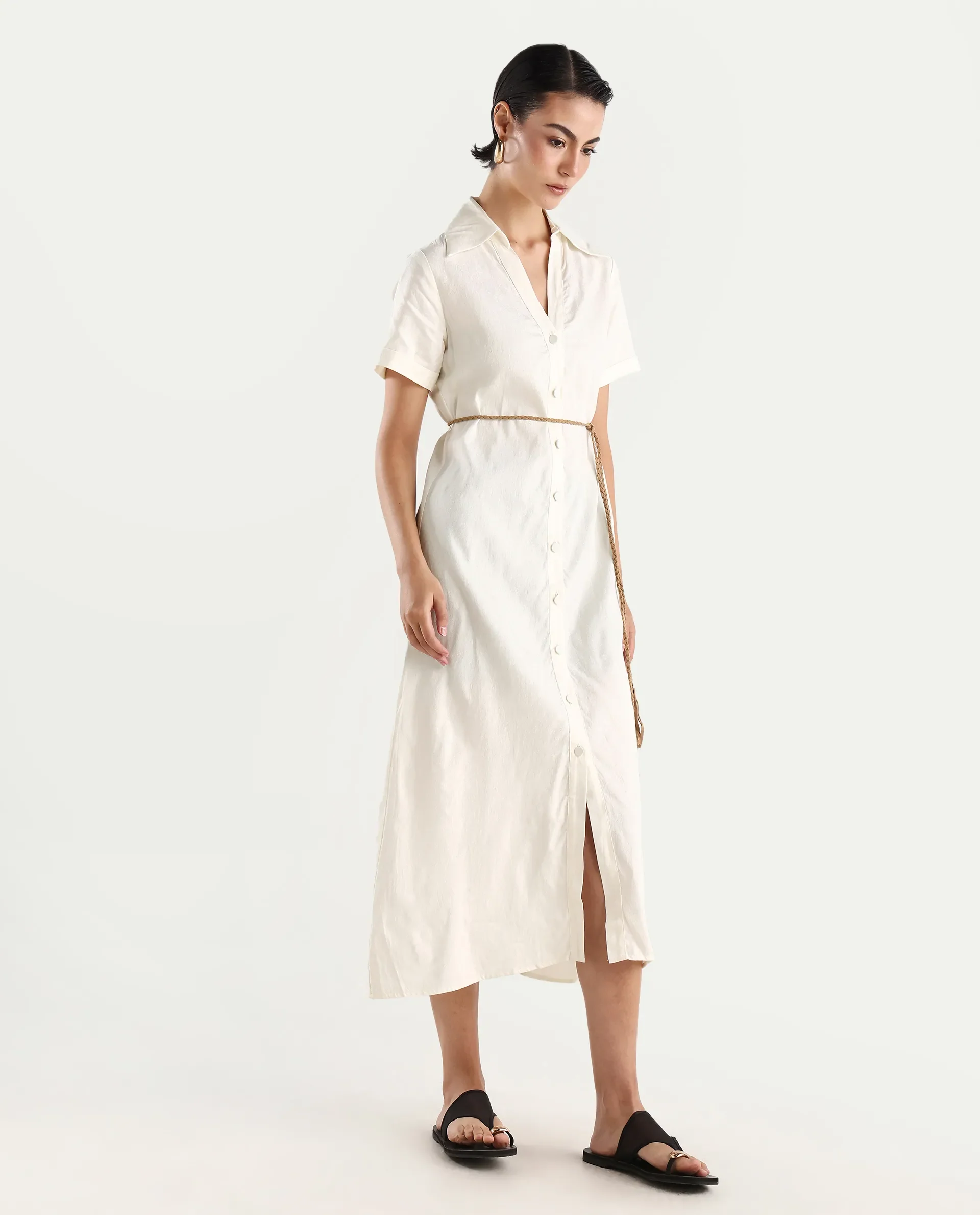 Rareism Women's Ania White Cotton Drop Collar Plain Maxi A-Line Dress - Image 5