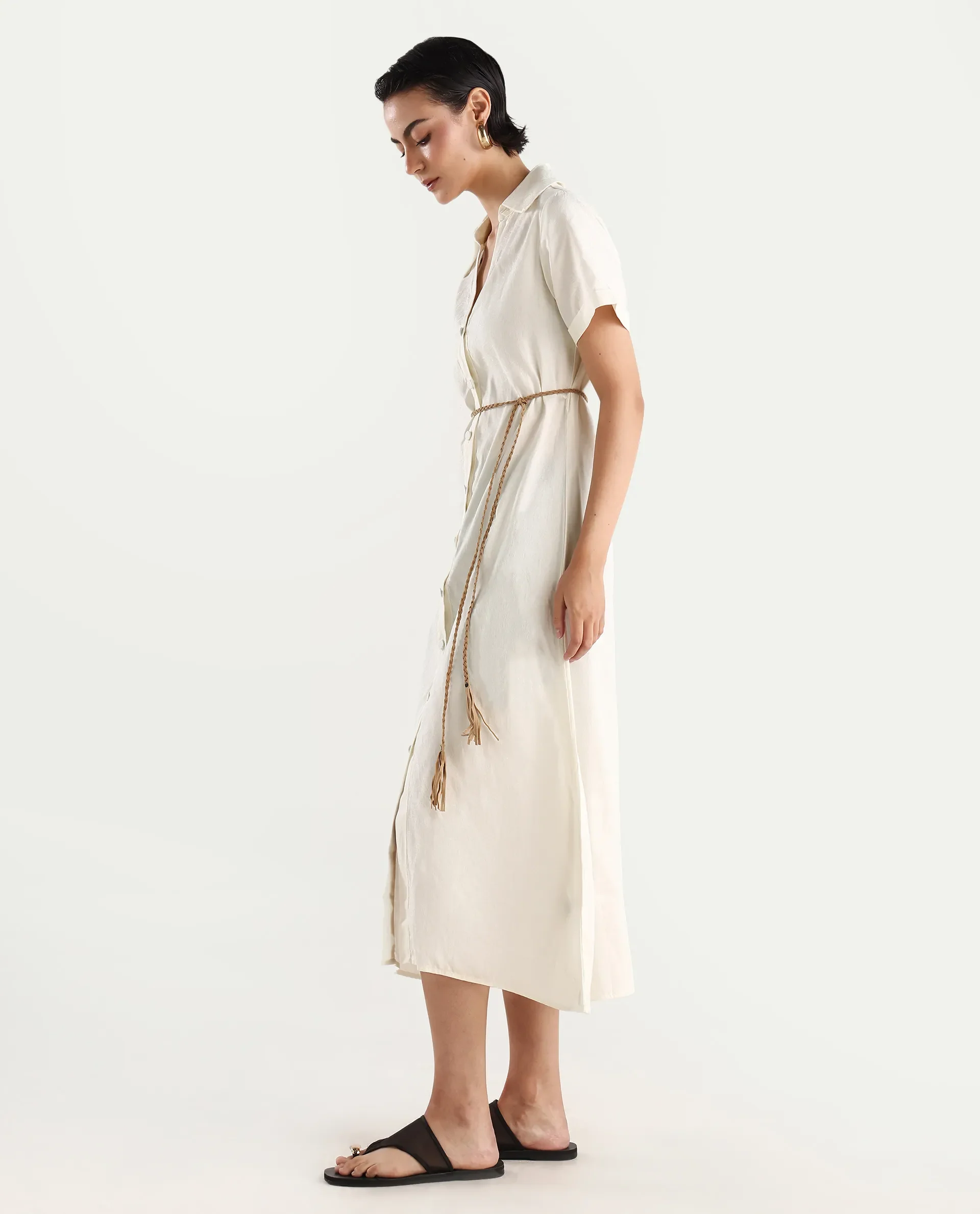 Rareism Women's Ania White Cotton Drop Collar Plain Maxi A-Line Dress - Image 6