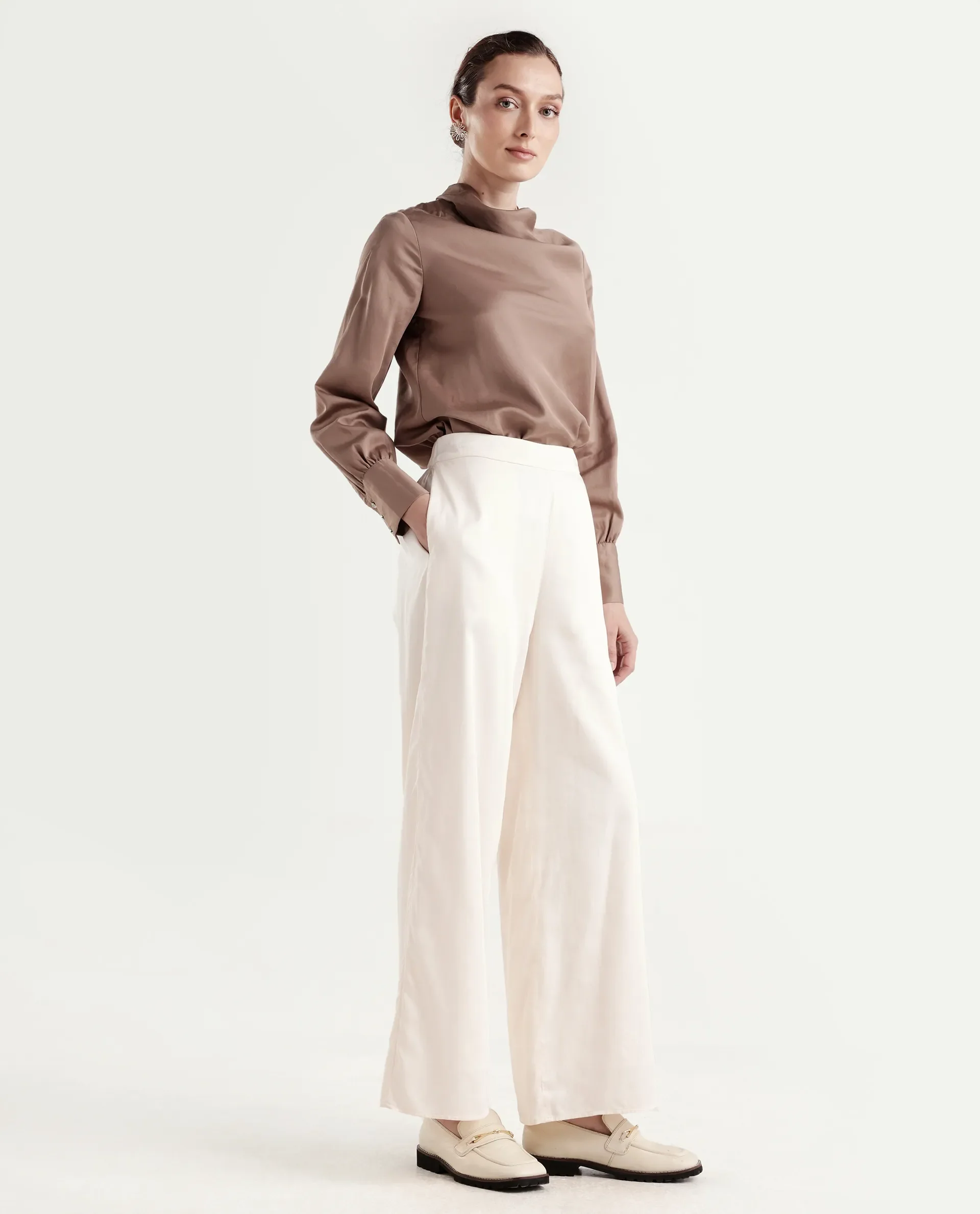 Rareism Women's Anina-B Beige Cotton Blend Flared Plain Trouser