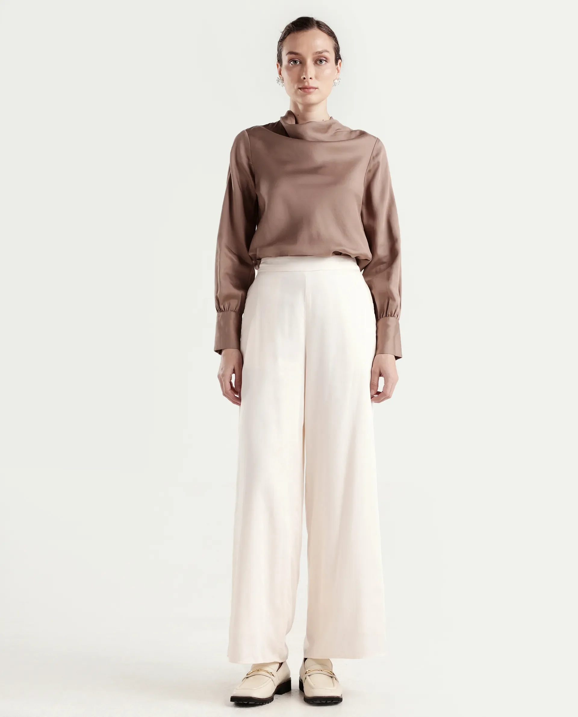 Rareism Women's Anina-B Beige Cotton Blend Flared Plain Trouser - Image 3