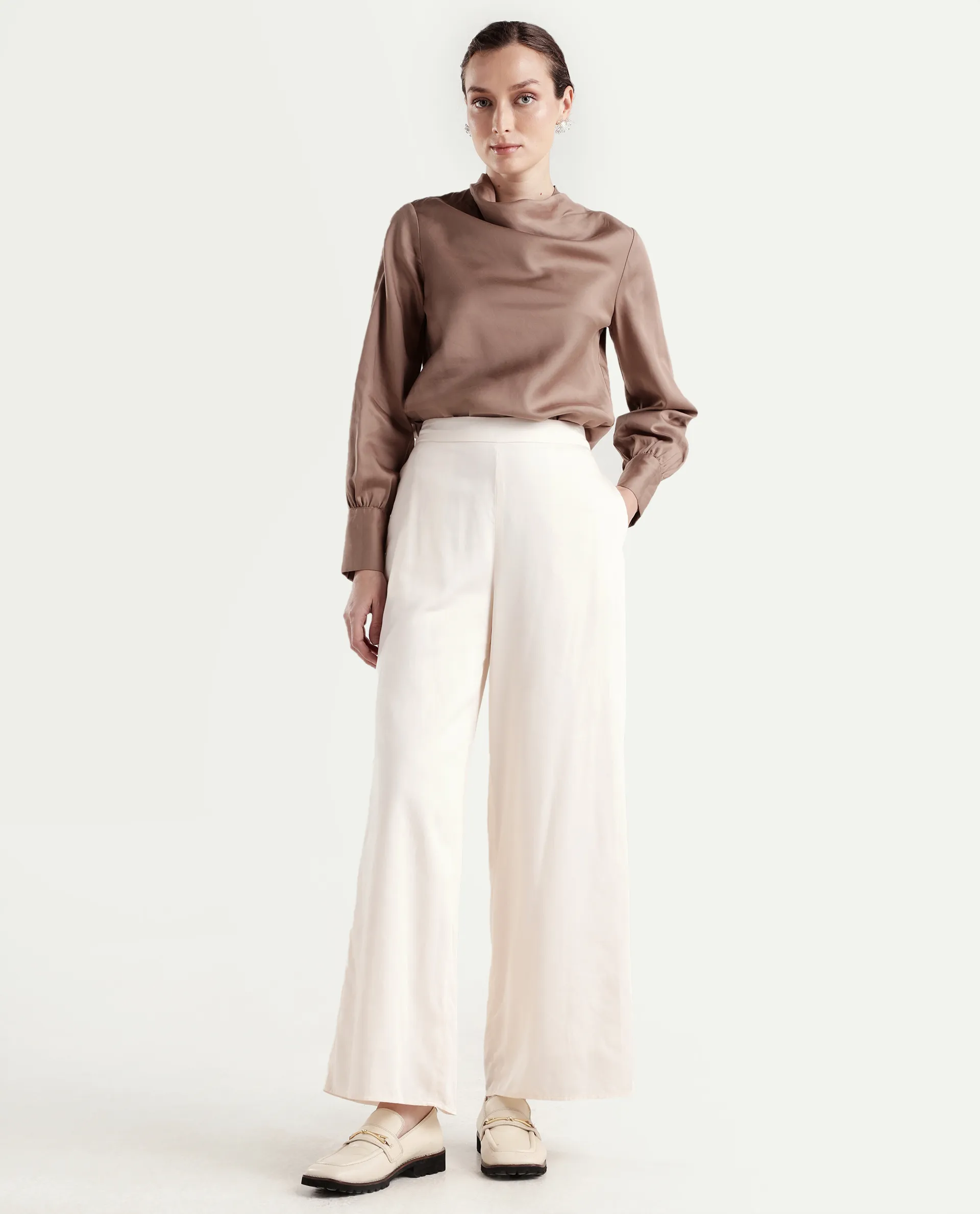 Rareism Women's Anina-B Beige Cotton Blend Flared Plain Trouser - Image 5