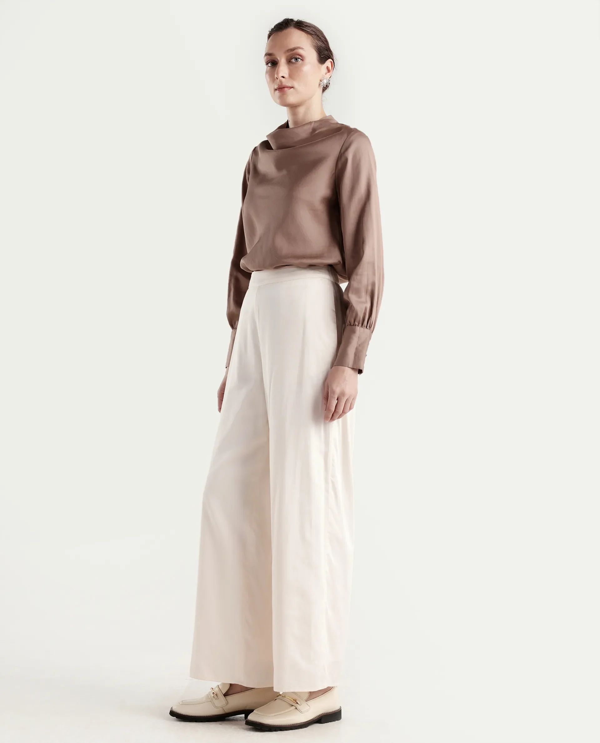 Rareism Women's Anina-B Beige Cotton Blend Flared Plain Trouser - Image 6